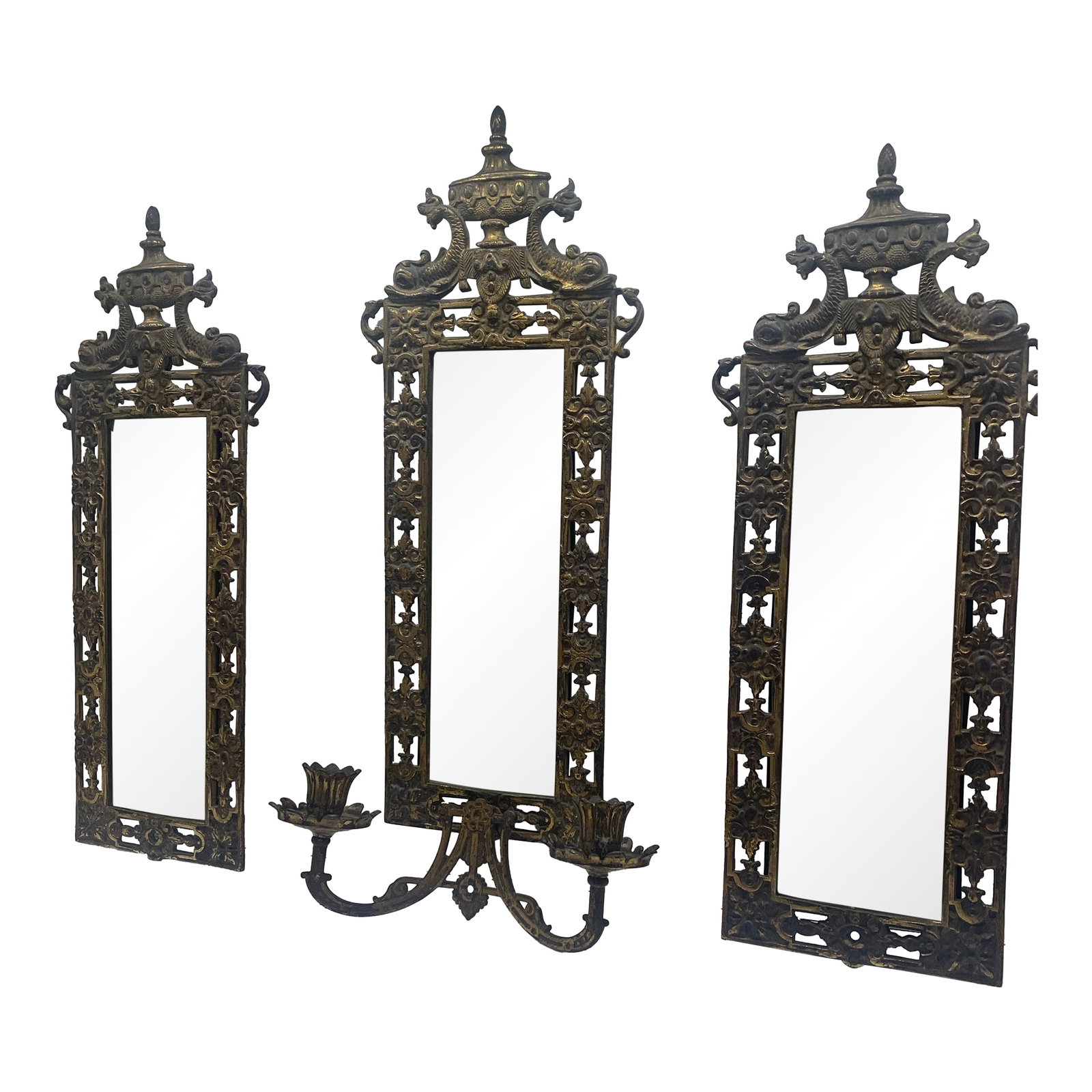 Vintage B&h Brass Wall Mirror Beveled Glass 3598- 3 Pieces: Victorian elegance. Graceful patina. Pierced frames of dolphin and urn crest. One piece with twin candle cups. 3598 along with B&H on the back of the mirrors. B&H, an american clock and metal company