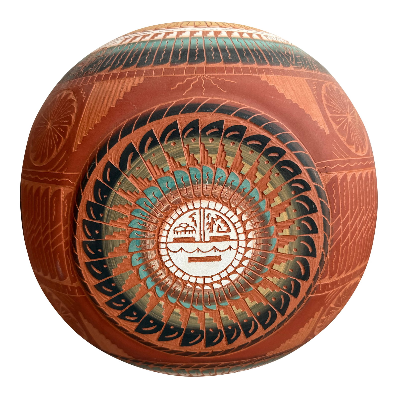 Late 20th Century Native American Navajo Signed Etched Pottery: Beautiful Native American Navajo pottery vase signed Sophie Johnson. Vase is a rounded square vessel featuring hand-etched and painted designs including sun and bear figures and traditional
