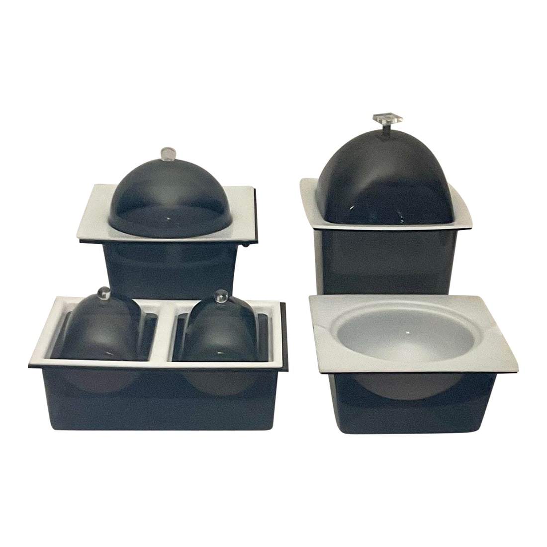 1960s Acrylic Mod Space Age Thermalene 12 Piece Hot & Cold Food Server Dome-A-Lene: Vintage 1960's hot/cold serving trays in a Space Age Retro design. This is a 12 piece set. For food hot or cold. Server's by Themalene Products, their Dome-A-Line series. All Lucite/plastic frames