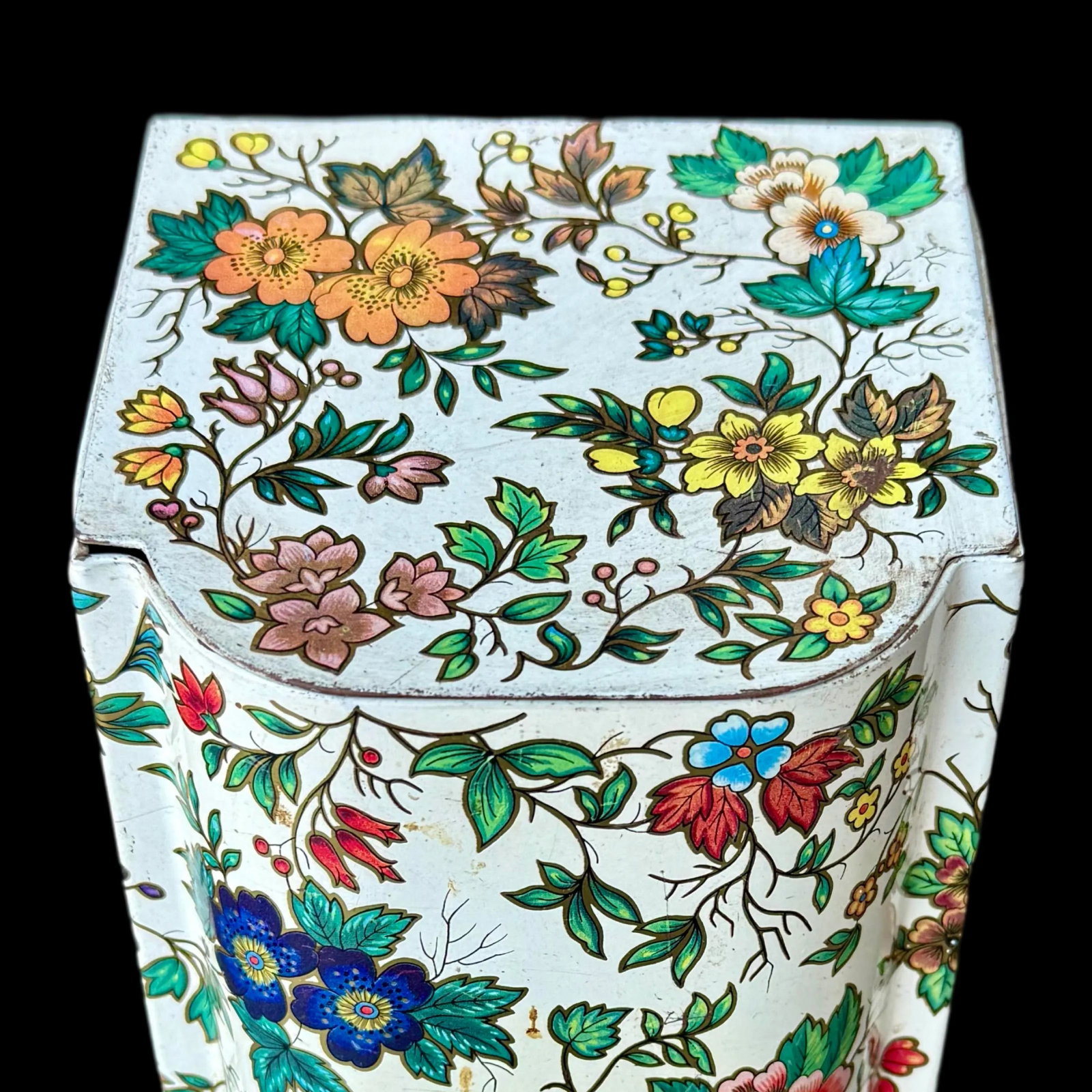 Vintage Daher Floral Tin, Hinged Lid, Blue & Orange Flower Design, Made in England for Daher Long Is - 3