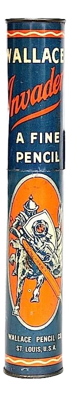 Decorative Tin Box Cylinder With Charging Medieval Knight: This super cool Wallace Invader Pencil cylinder is a unique vintage collectible. The decorative tin box has a fabulous graphic of a charging Medieval knight wielding a sharpened pencil. Display the