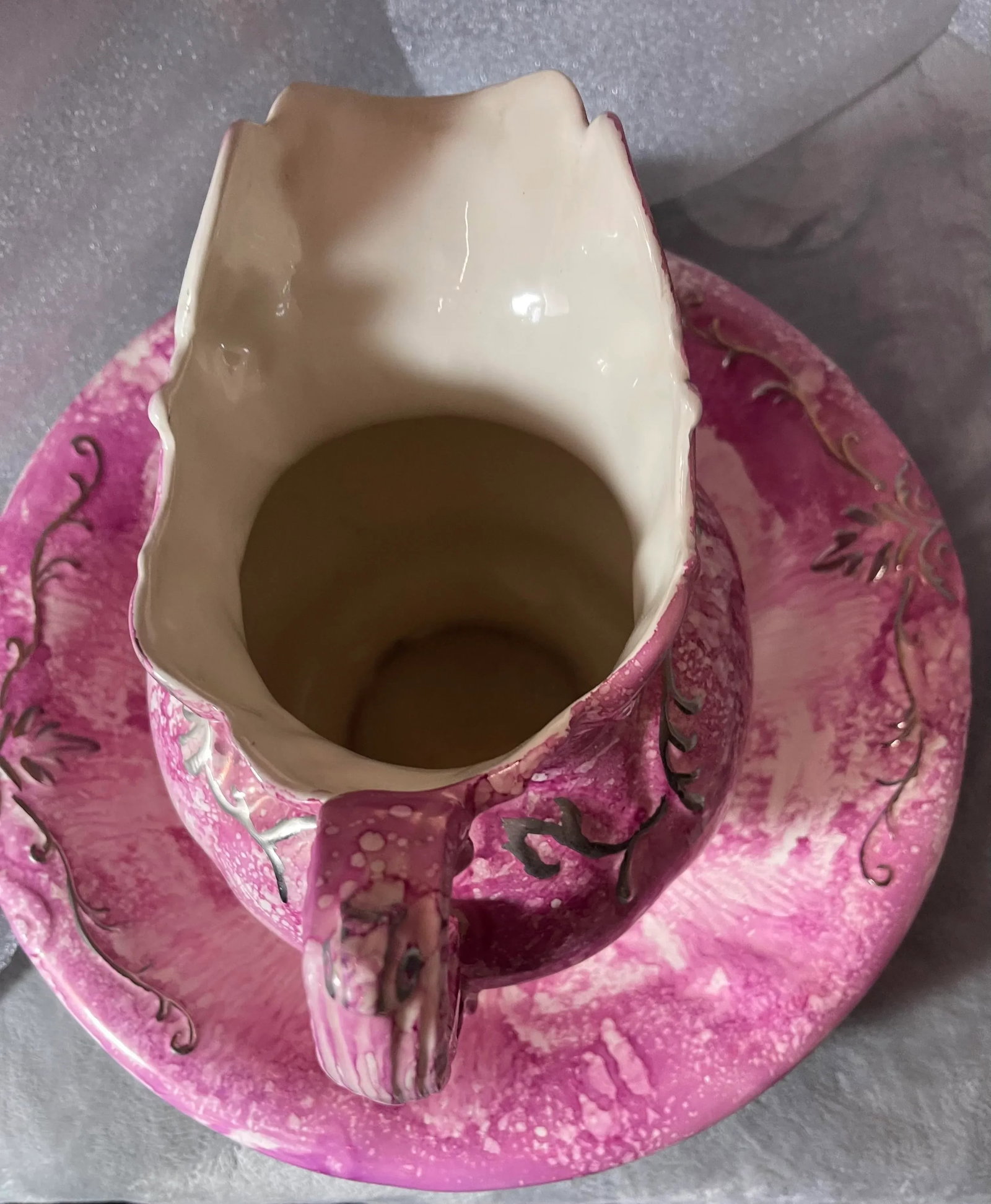 Vintage Signed Wash Basin & Pitcher Pink & White Lusterware With Drip Glaze & Gilding - 2