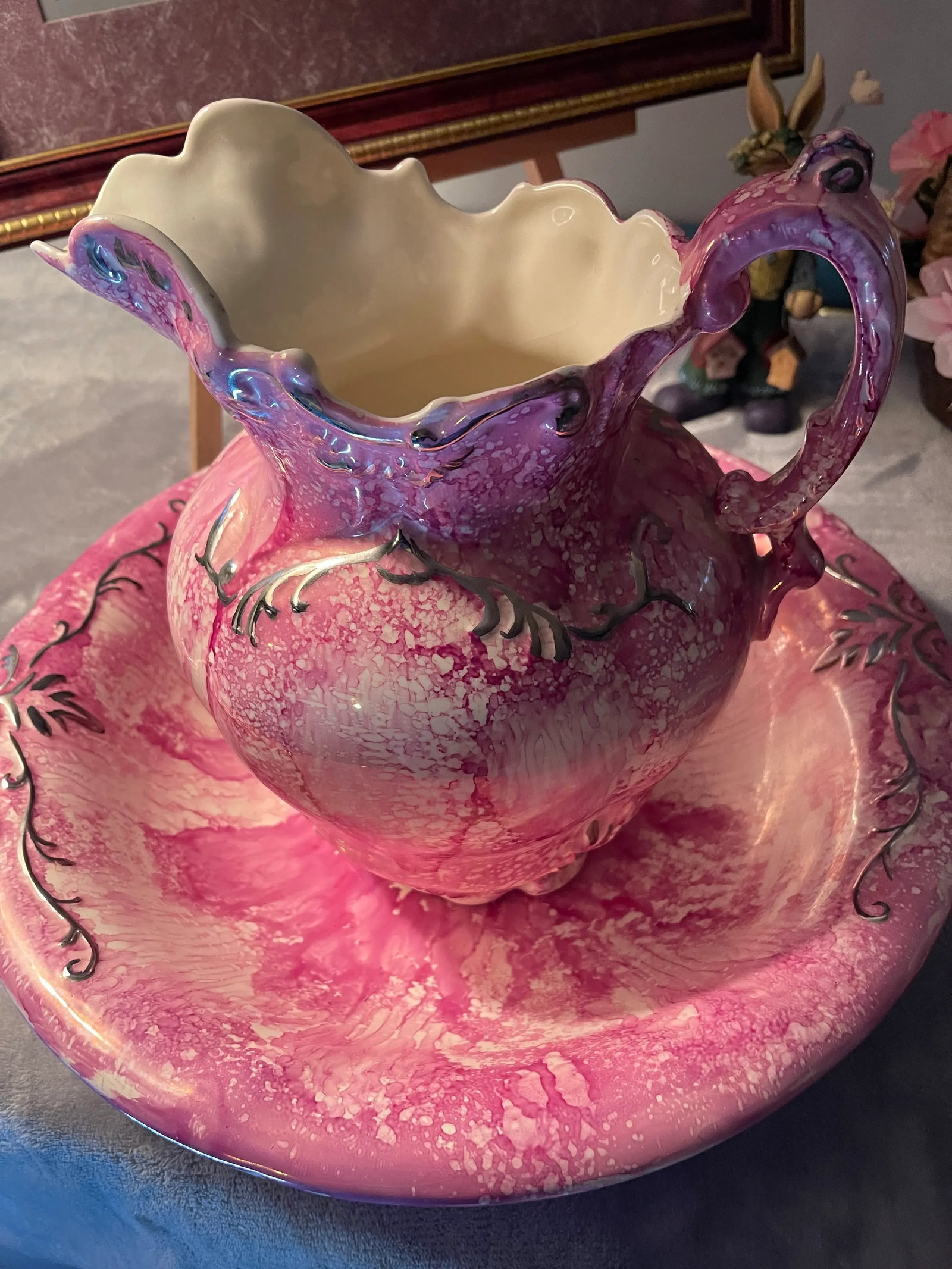 Vintage Signed Wash Basin & Pitcher Pink & White Lusterware With Drip Glaze & Gilding - 7