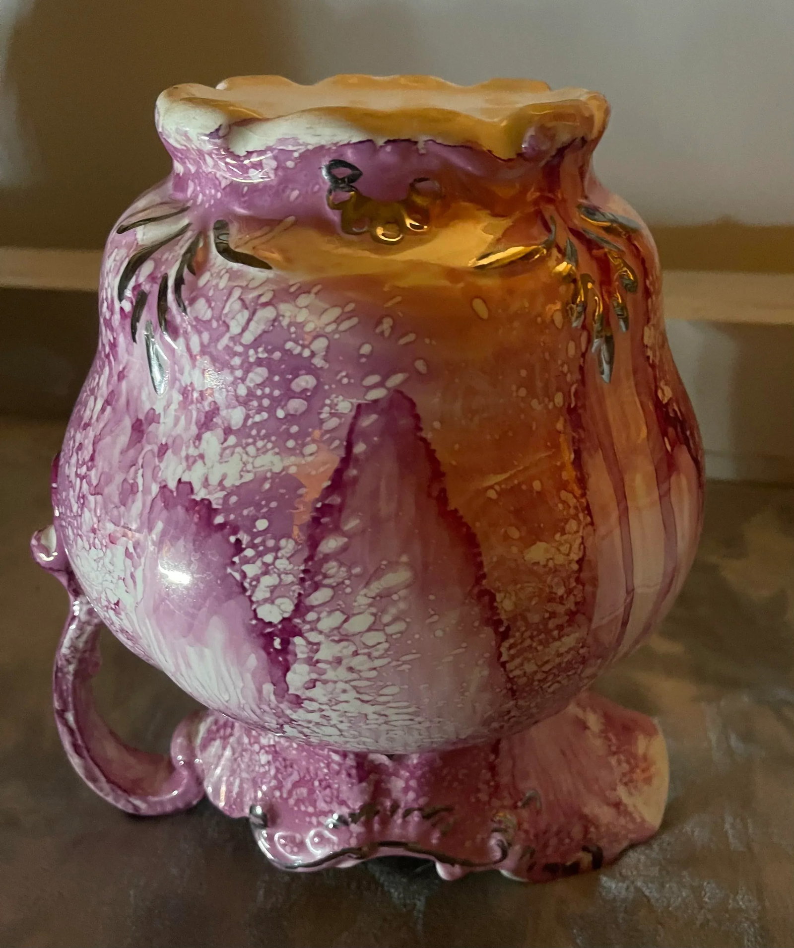 Vintage Signed Wash Basin & Pitcher Pink & White Lusterware With Drip Glaze & Gilding - 8