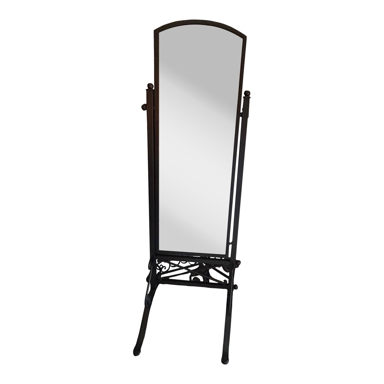 Custom Wrought Iron Floor Mirror: High quality, very heavy wrought iron floor mirror. It matches with the double size bed and custom made wrought iron screen listed elsewhere. Flawless Condition: Alterations: Original Condition
