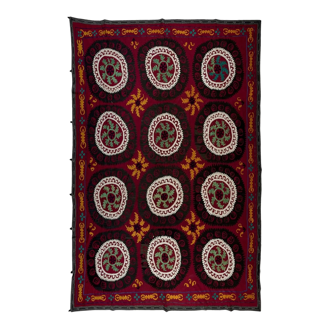 7.4x9.4 Ft Vintage Silk Hand Embroidery Bed Cover, Uzbek Suzani Wall Hanging: In the most technical sense of the word, "Suzani," in Central Asia, means needle and is used to describe this type of needlework, but to most people, such as decorators or collectors, the word has a m