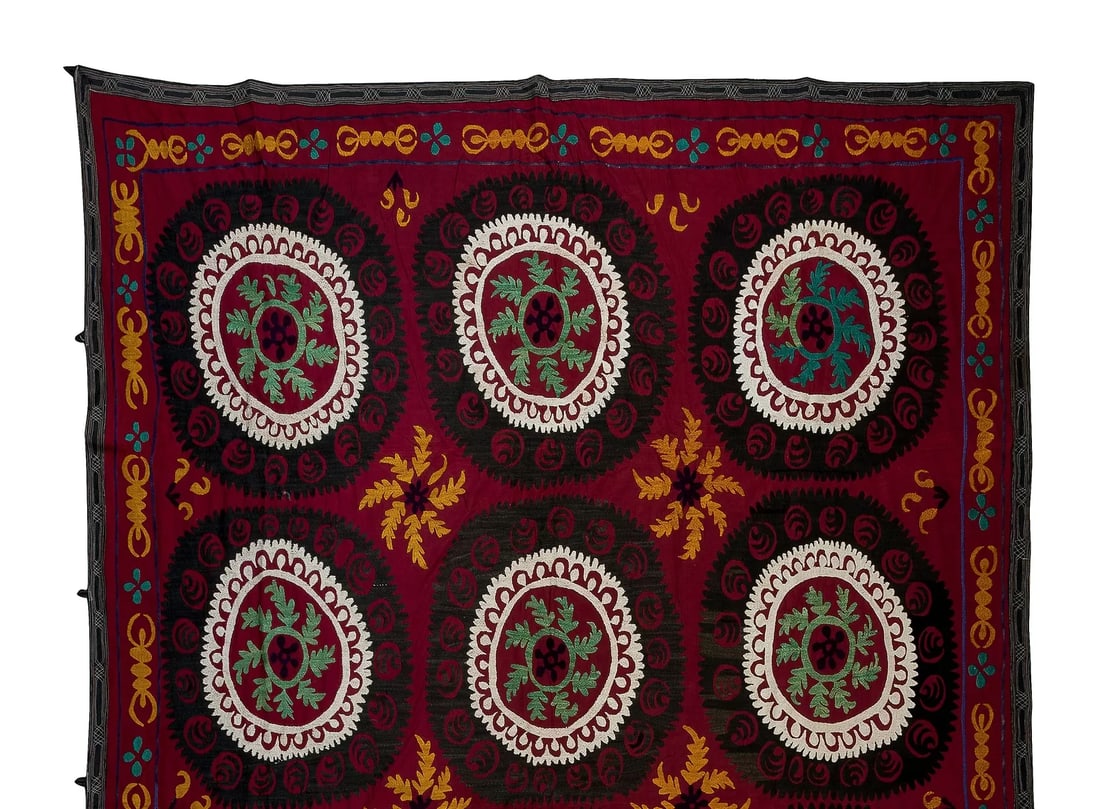 7.4x9.4 Ft Vintage Silk Hand Embroidery Bed Cover, Uzbek Suzani Wall Hanging - 2