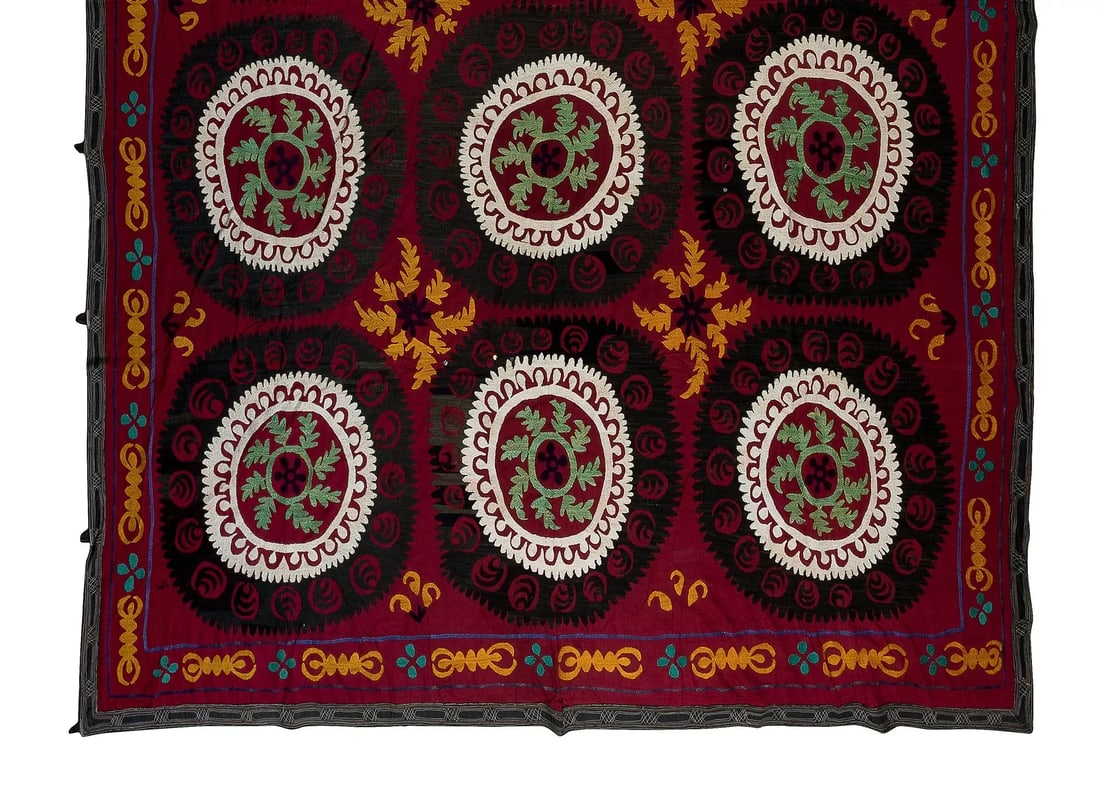 7.4x9.4 Ft Vintage Silk Hand Embroidery Bed Cover, Uzbek Suzani Wall Hanging - 3