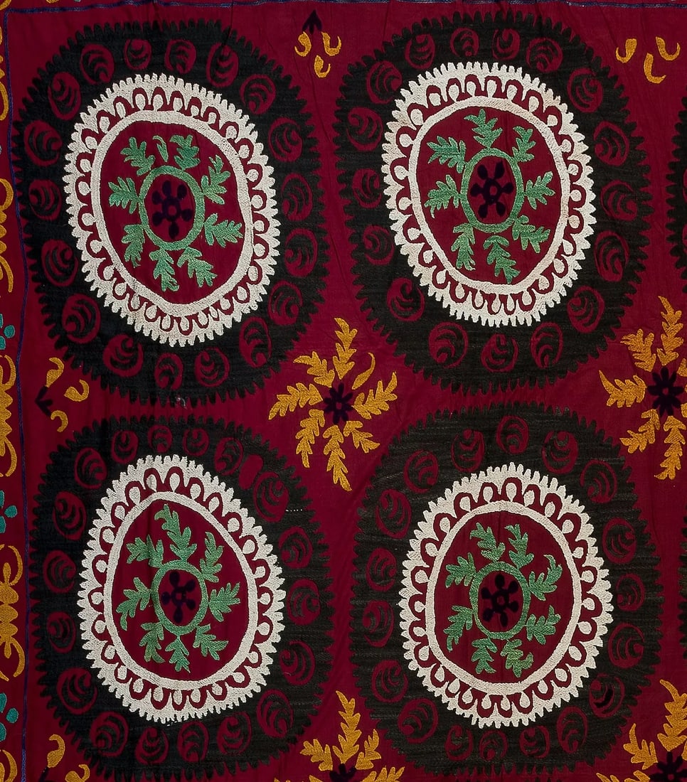 7.4x9.4 Ft Vintage Silk Hand Embroidery Bed Cover, Uzbek Suzani Wall Hanging - 4