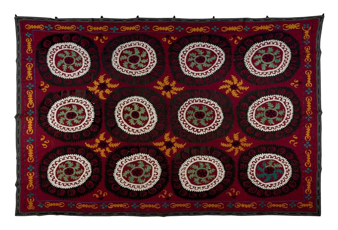 7.4x9.4 Ft Vintage Silk Hand Embroidery Bed Cover, Uzbek Suzani Wall Hanging - 5