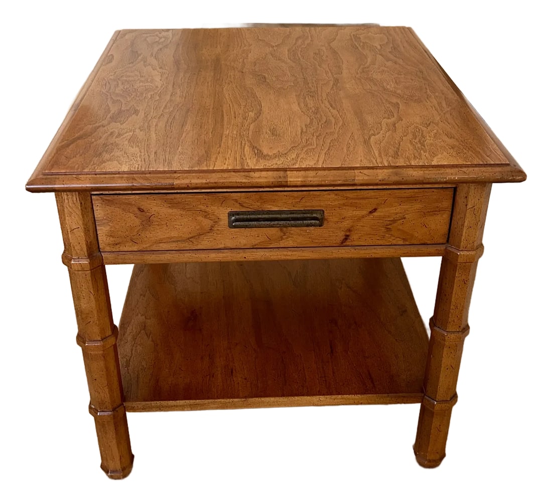 1970s Vintage Drexel Heritage End Table/ Nightstand: Drexel Heritage Vintage 1960s-early 70s. Excellent Condition! Walnut or possibly Pecan wood Features a single drawer with dovetail joint, a brass pull, and a lower shelf. The table legs have a bamboo-