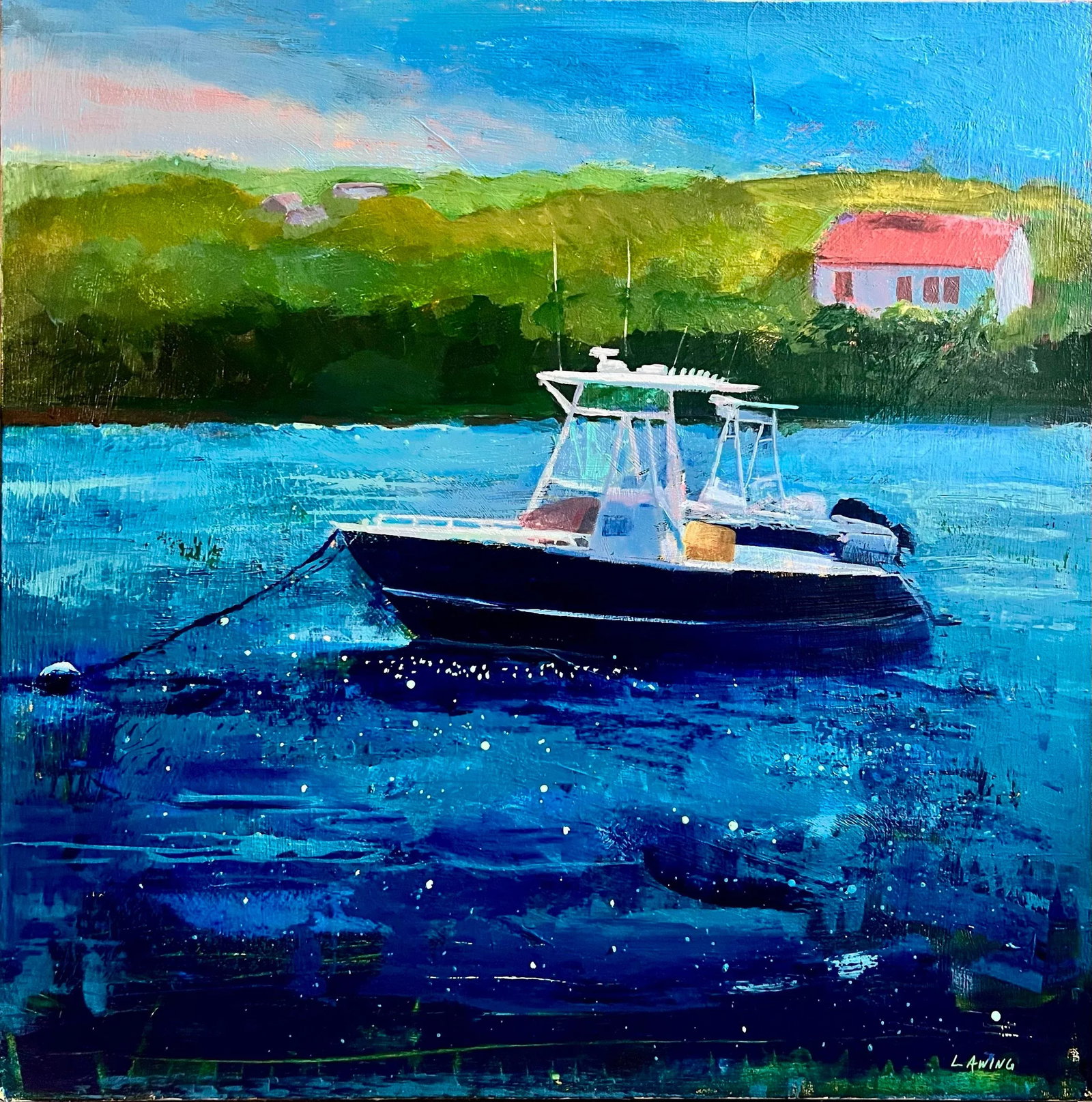 Boats, Great Salt Pond, Block Island, Original Acrylic Painting by Julia Lawing: Boats moored on Block Island's Great Salt Pond. Sunlight sparkles on the water. One-of-a-kind original oil painting on a 24x24x1.5-inch gallery-wrapped professional canvas. Sides are painted gray and 