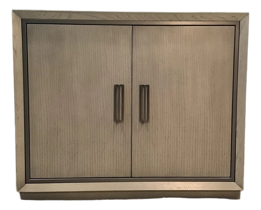 Ethan Allen Faraday Classic Two-Door Cabinet: Ethan Allen Faraday Classic, two-door cabinet with a simple silhouette with sophisticated details. A decorative inlay and linear hardware are finished in Satin Nickel hardware and finish is Gray Flann