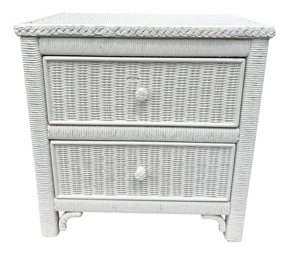 Coastal Regency Henry Link 2 Drawer White Wicker Nightstand by Lexington: Vintage 1970s Coastal Regency Henry Link 2 Drawer White Wicker Nightstand by Lexington 23''W * 17''D * 25''H Condition: Alterations: Original Condition Unaltered Imperfections: Some Imperfections Cond