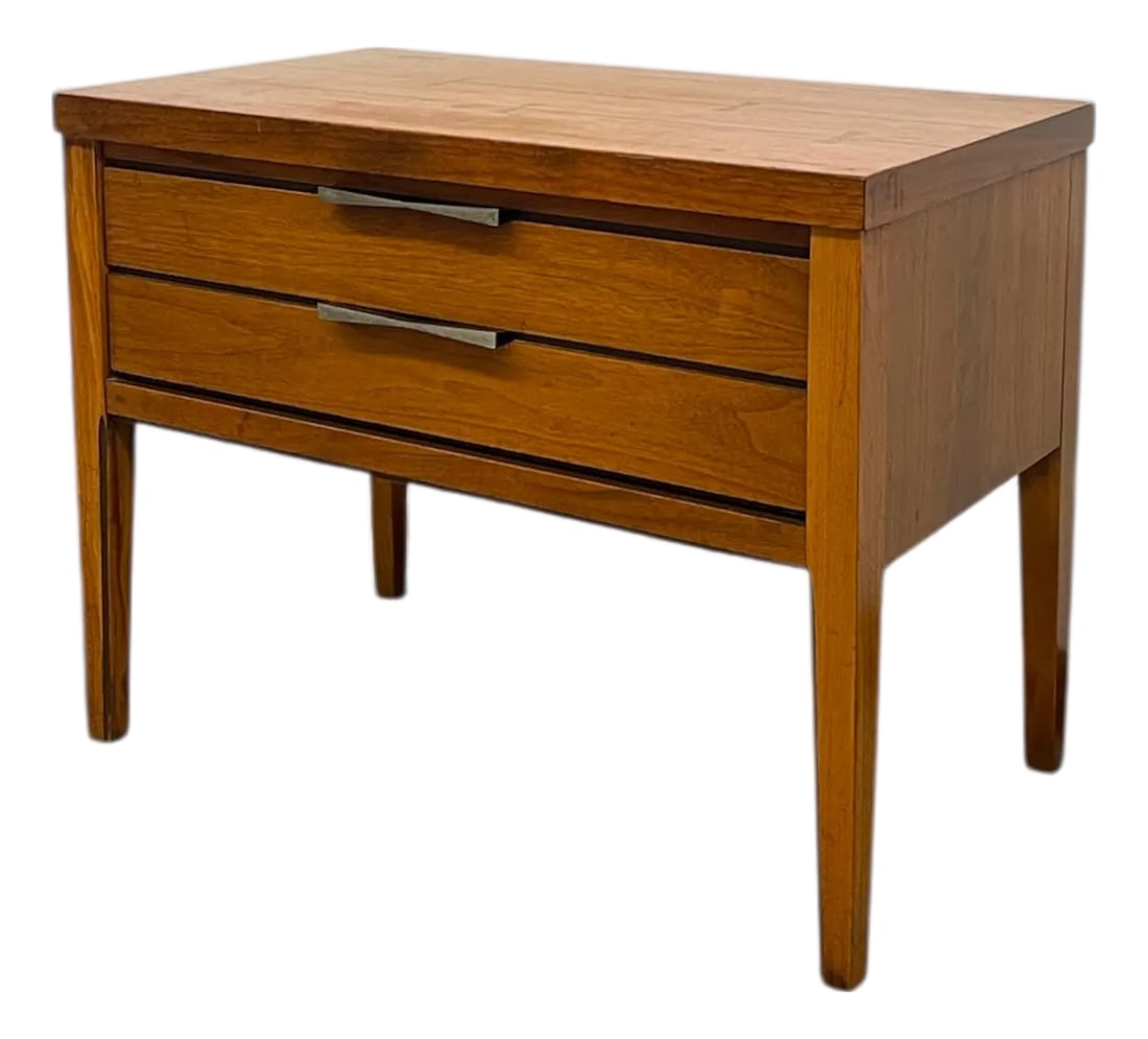 1960s Lane Tie Bow Series Mid-Century Nightstand - 1- Drawer Vintage Side Table: Vintage 1-drawer nightstand by Lane Furniture, part of the sought-after "Tie Bow" series, made in Altavista, Virginia. This piece is crafted in warm-toned walnut with clean lines and tapered legs. The