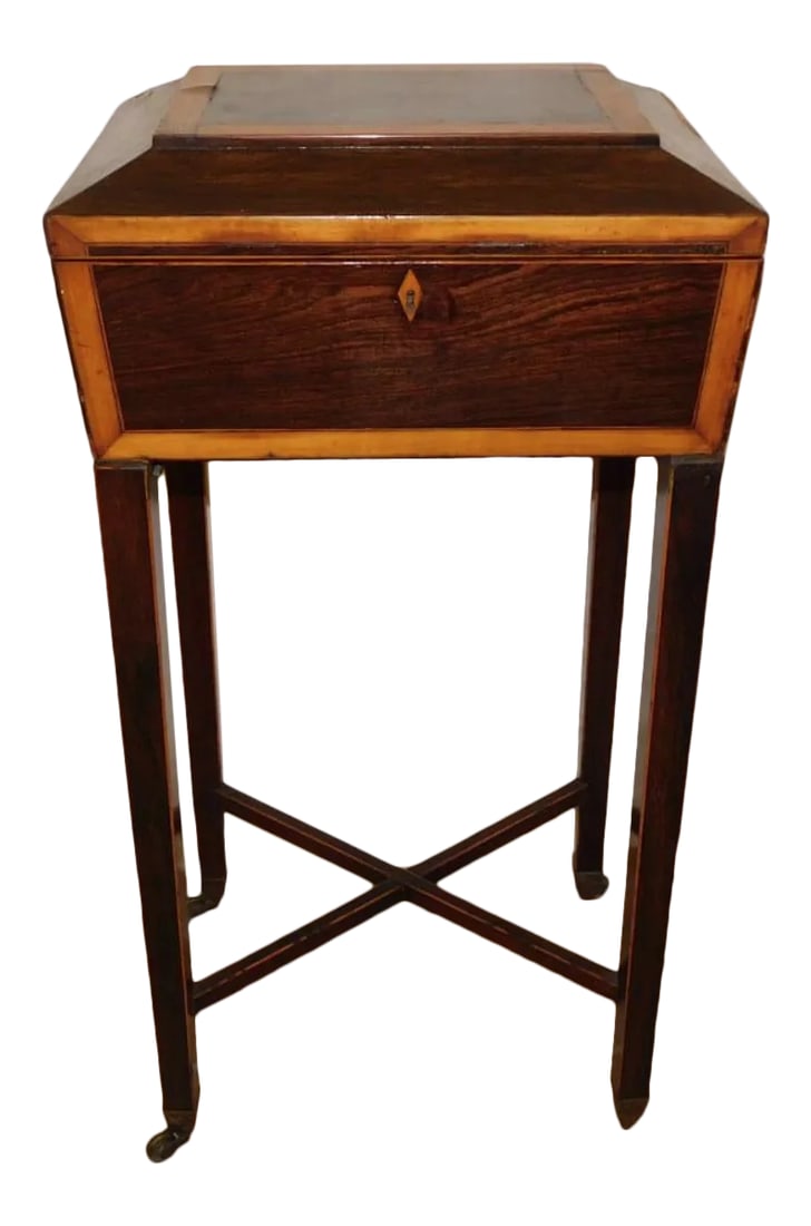 English Traditional Rosewood & Banded Satinwood Box on Stand: 19th c rosewood & banded satinwood box on stand. 16" W 12" D 30 1/4" H This item includes restricted materials and cannot be sold outside of the contiguous United States. Condition: Alterations: Origi