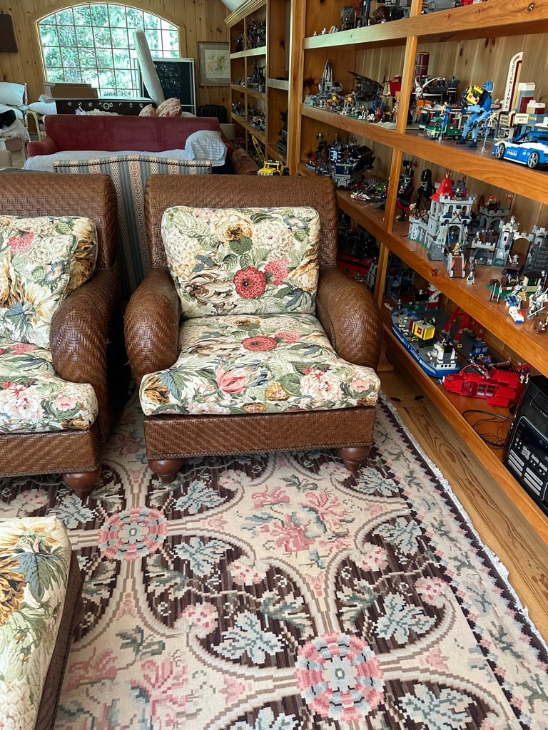 Lexington Woven Sofa With Floral Cushions With Matching Chair and Ottoman - 11