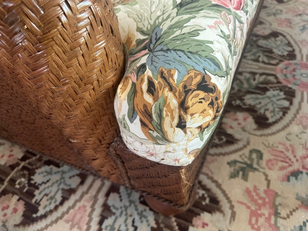 Lexington Woven Sofa With Floral Cushions With Matching Chair and Ottoman - 14