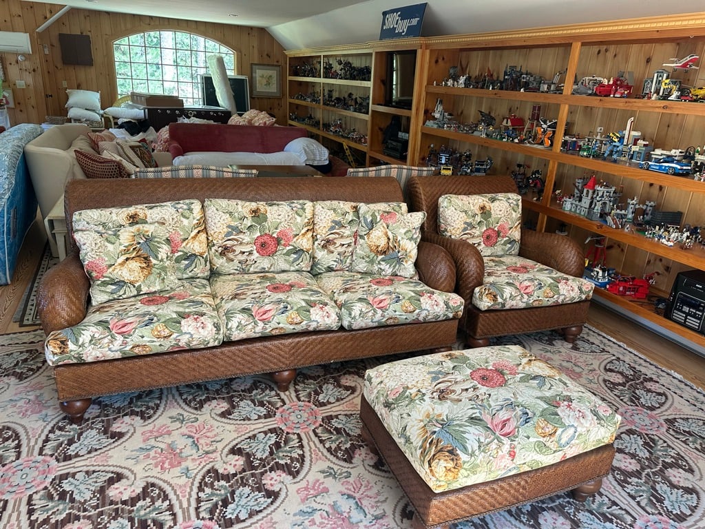 Lexington Woven Sofa With Floral Cushions With Matching Chair and Ottoman - 17