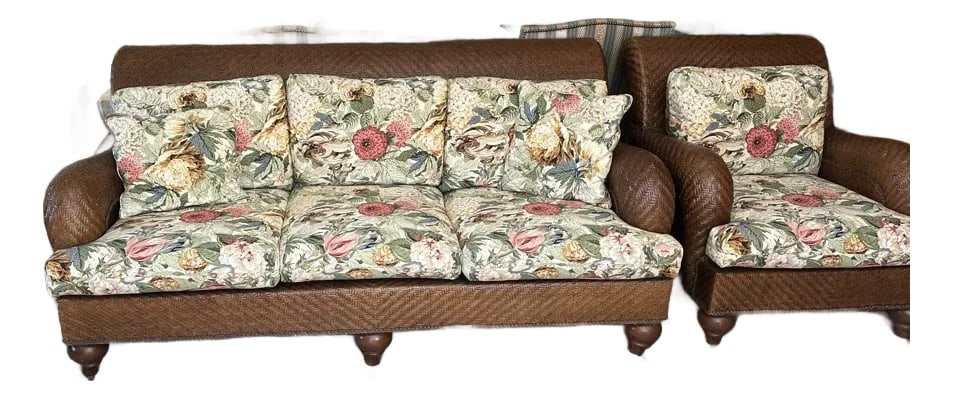 Lexington Woven Sofa With Floral Cushions With Matching Chair and Ottoman: Lexington Casual Three Seat Woven Sofa with matching throw pillows, matching chair and ottoman. Deep comfortable seating. Part of a matching set (armchair and matching ottoman) Floral cushions dark gr