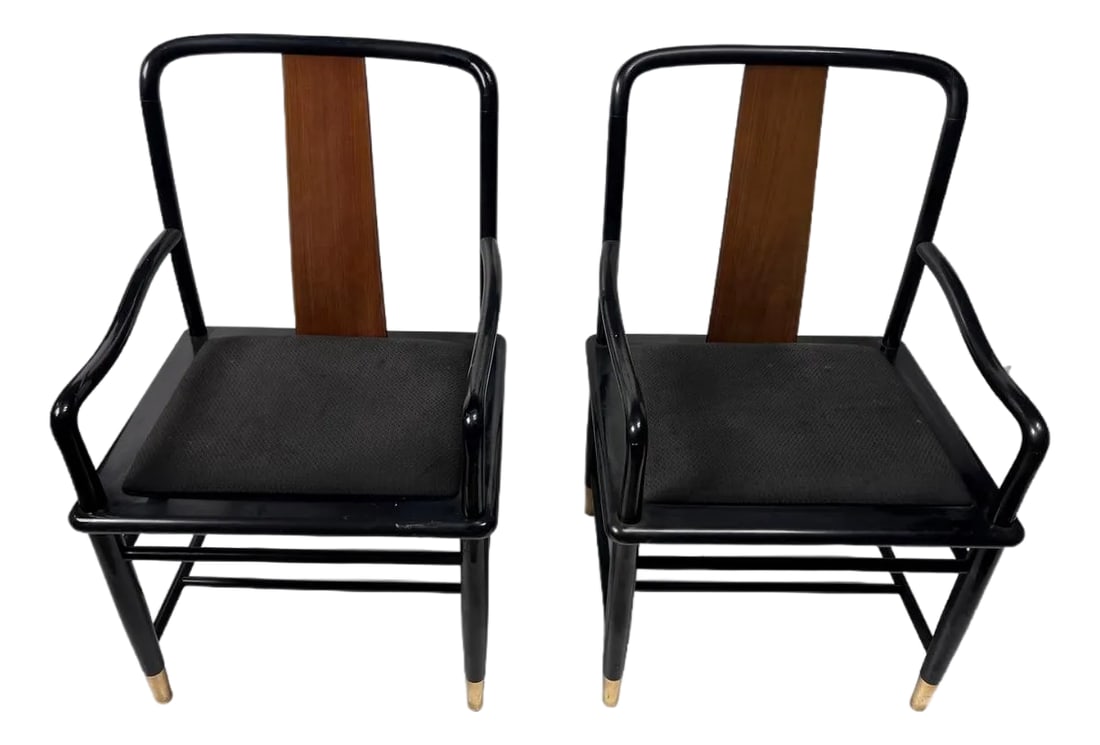 1980s Henredon Chinoiserie Inspired Black Lacquer Asian Cane Back Armchairs: Beautiful Vintage Henredon Chinoiserie Inspired Black Lacquer Asian Cane Back Armchairs Set of 2 in good vintage condition for the age of set Nice upholstery and comfortable Condition: Alterations: