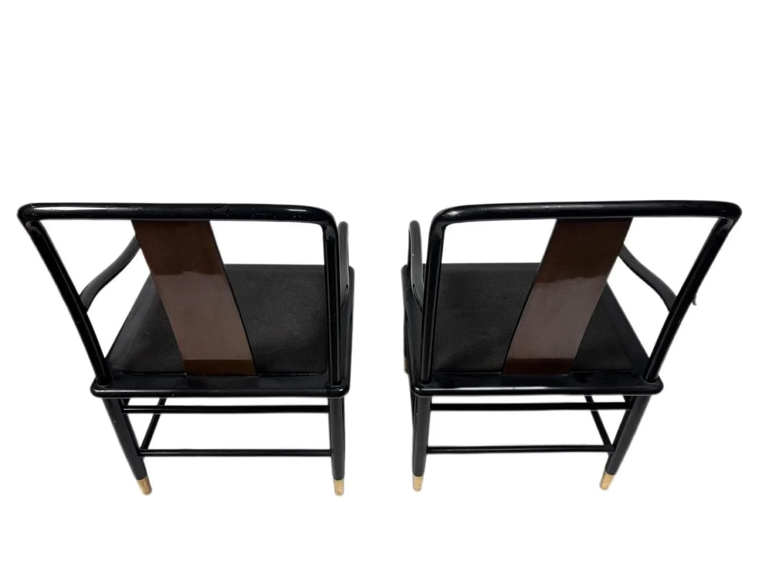 1980s Henredon Chinoiserie Inspired Black Lacquer Asian Cane Back Armchairs - 2