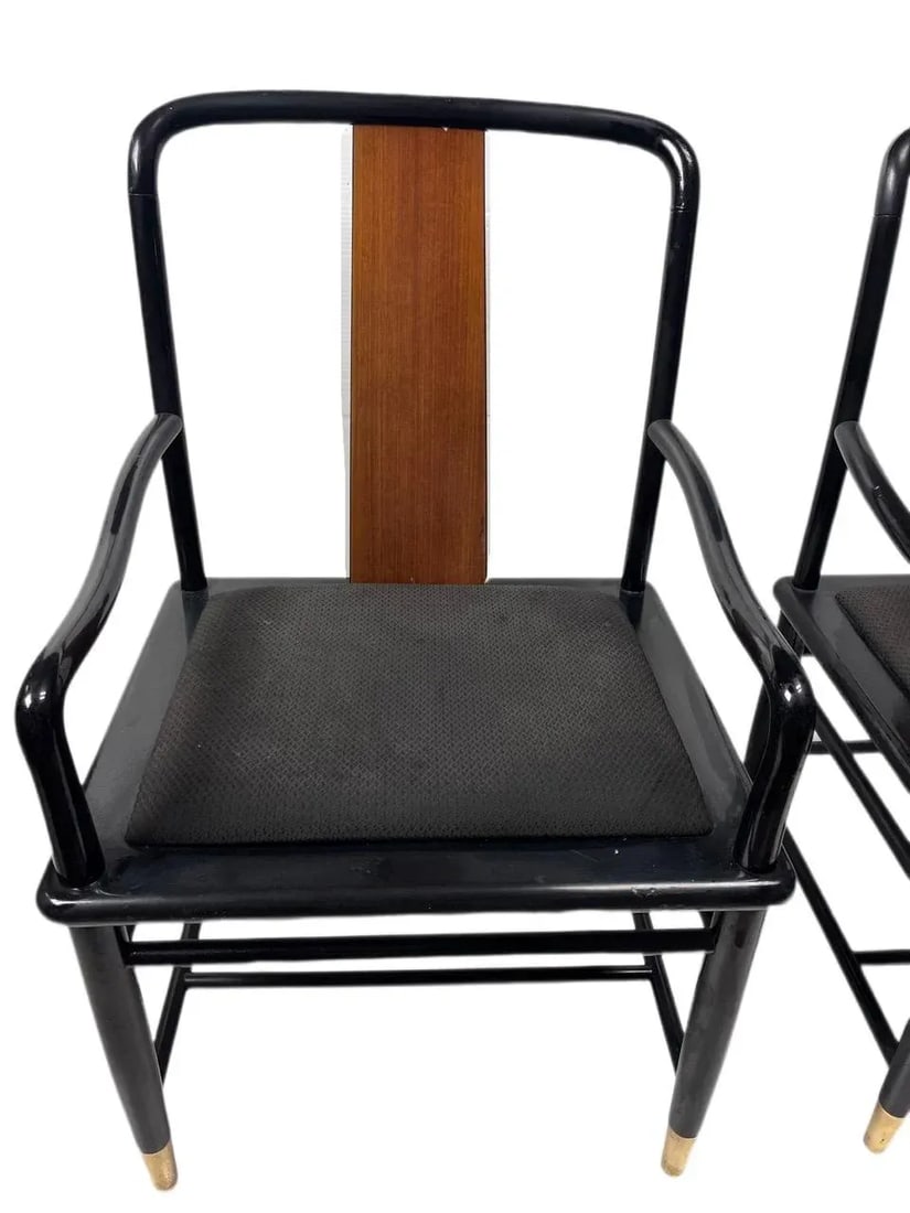 1980s Henredon Chinoiserie Inspired Black Lacquer Asian Cane Back Armchairs - 3