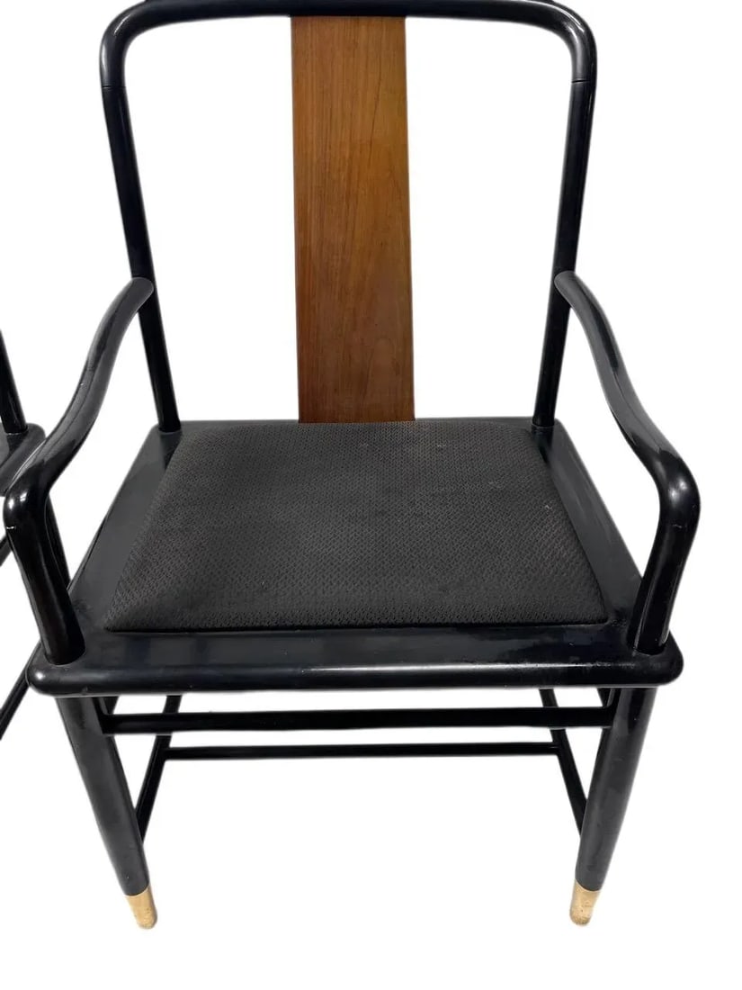 1980s Henredon Chinoiserie Inspired Black Lacquer Asian Cane Back Armchairs - 4