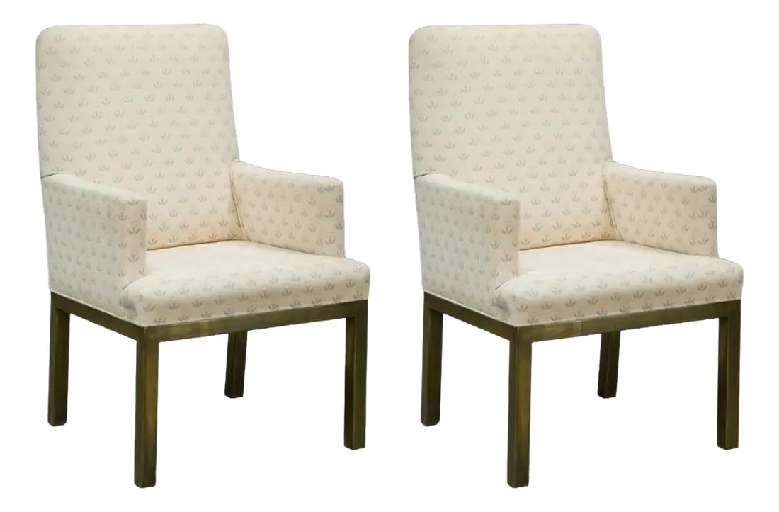 Mastercraft Brass Dining Armchairs With Grandma Fabric, Circa 1970s - A Pair: This super cute set of dining armchairs by Mastercraft feature a brass base with light patina and a very unique and interesting fabric that features light pink and baby blue flowers over an off-white