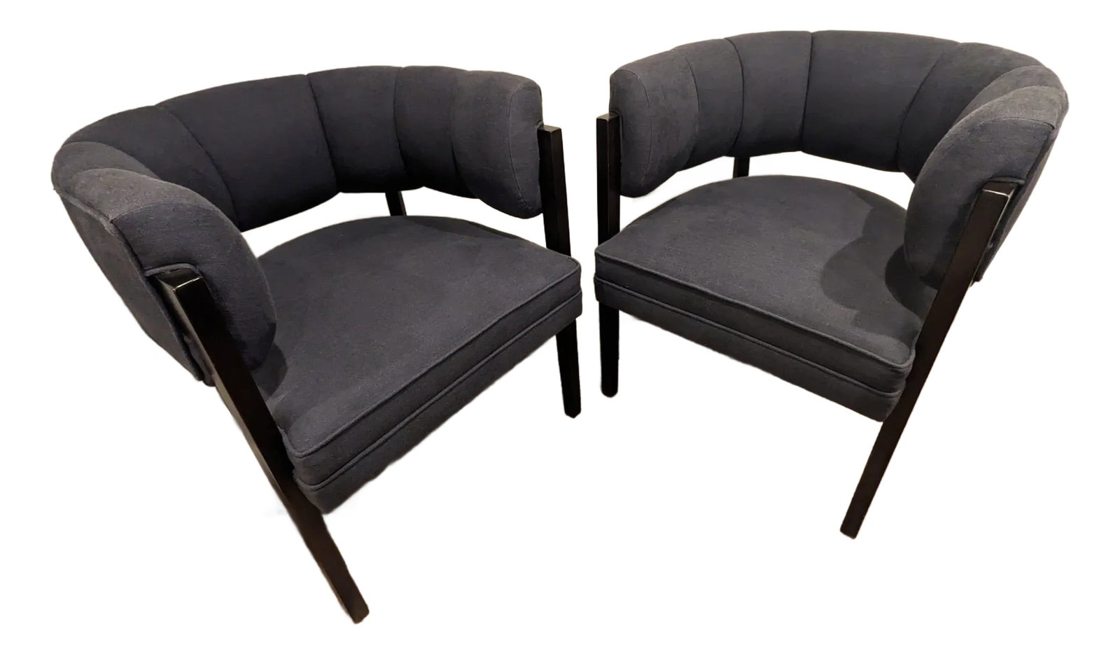Directional Carmel Chairs by Larry Laslo Set of 2: Directional Carmel chairs by designer Larry Laslo, items are unmarked. Upholstered with Robert Allen Navy Linseed fabric. Purchased from Robert Allen at Pacific Design Center, Hollywood, CA. Set of