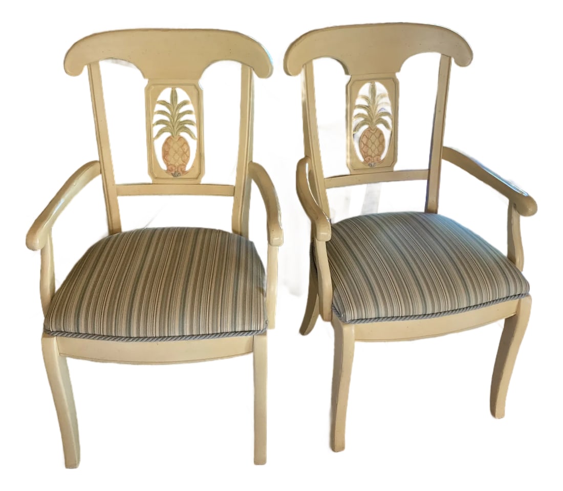1990s Pair of Ethan Allen Pineapple Arm Chairs French Country: Beautiful Pair of Arm Chairs newly reupholstered. Hardwood & study. Ethan Allen Legacy. Condition: Alterations: Original Design Modified Imperfections: Some Imperfections Condition Notes: These are