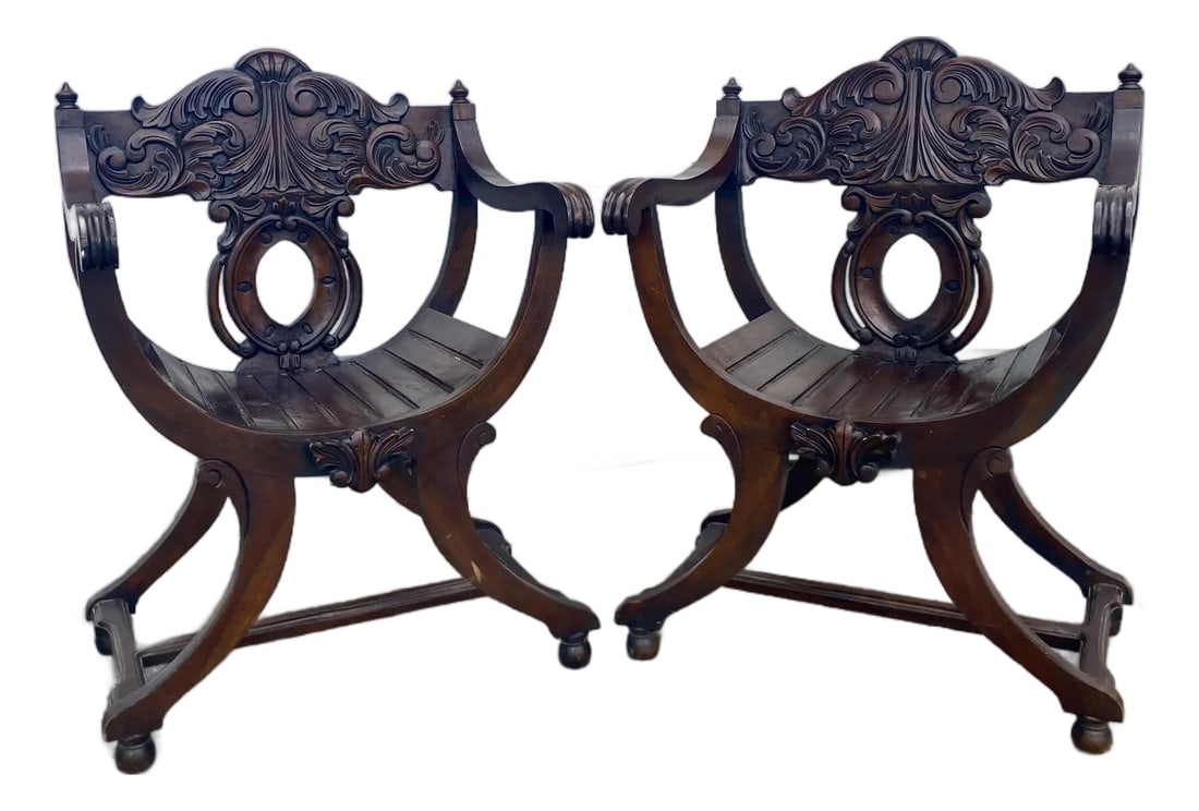 Savonarola Style Chairs a Pair .: * The name "Savonarola" is derived from the 15th-century Florentine friar Girolamo Savonarola, who is said to have used a similar chair. * These chairs are characterized by their X-shaped frame and a