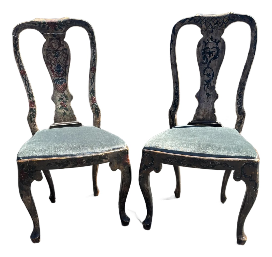 Pair of Italian Rococo Polychrome Dining Chairs 19th Century: A pair of Italian Rococo style silvered polychrome decorated side chairs. Beautiful hand painted decor throughout. The seats are upholstered in a dusky cornflower blue velvet. Absolutely stunning