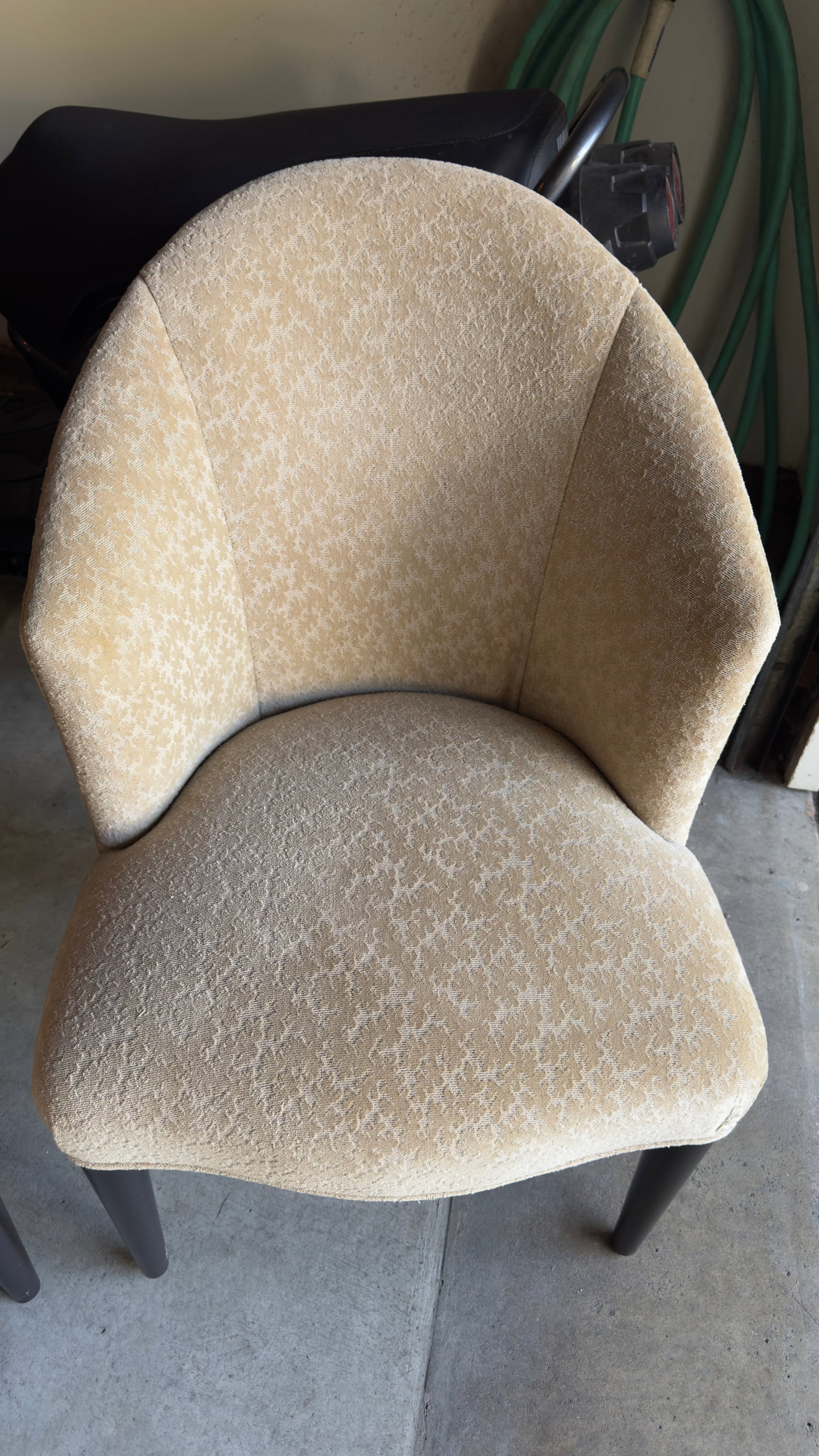 Pair of Donghia Shadow Arm Chairs Upholstered Fabric in Neutral Tan/Gold Subtle Leaf Pattern - 2