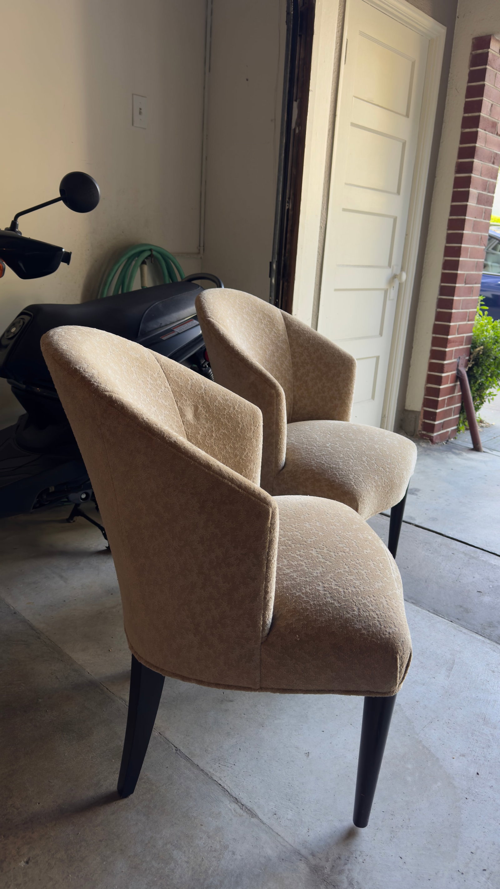 Pair of Donghia Shadow Arm Chairs Upholstered Fabric in Neutral Tan/Gold Subtle Leaf Pattern - 3