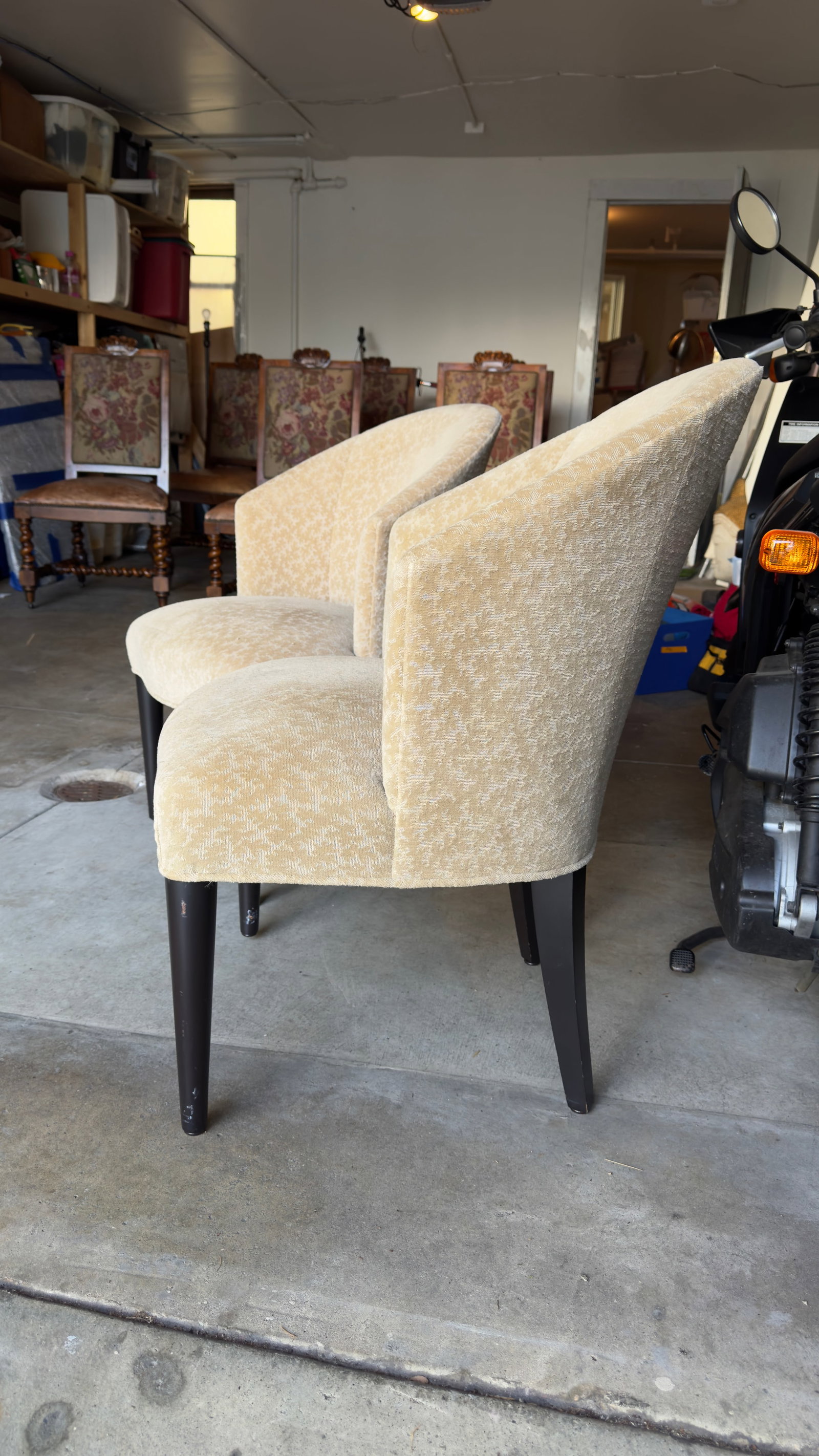 Pair of Donghia Shadow Arm Chairs Upholstered Fabric in Neutral Tan/Gold Subtle Leaf Pattern - 4