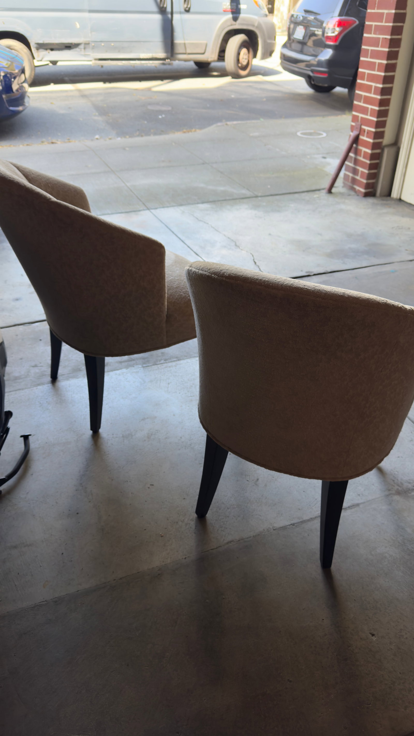 Pair of Donghia Shadow Arm Chairs Upholstered Fabric in Neutral Tan/Gold Subtle Leaf Pattern - 5