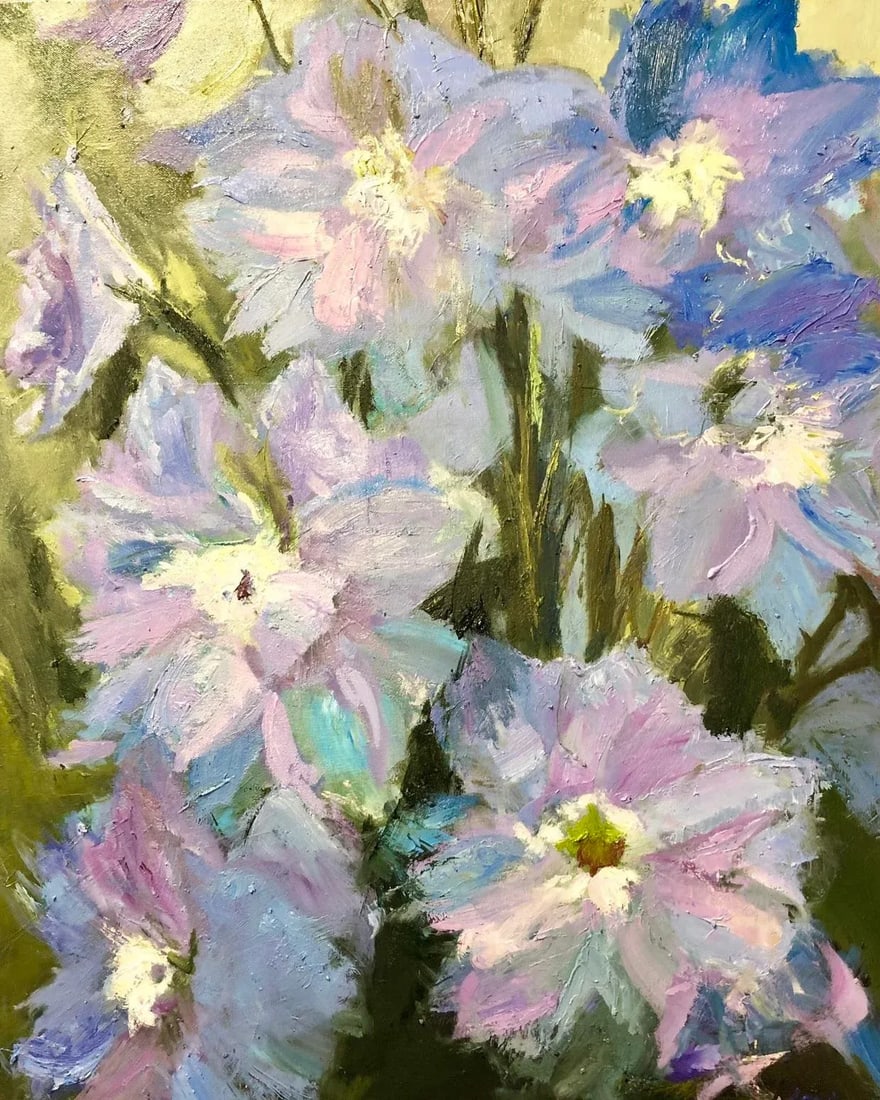 Upheave Into Bloom, Original Oil Painting by Julia Lawing: "You may add two delphiniums With seeds lighted in soil With stalks prepared in loam Toward the upheave into bloom When stalk and leaves find a path Hold a rocketform of blue Hold it in a velvet