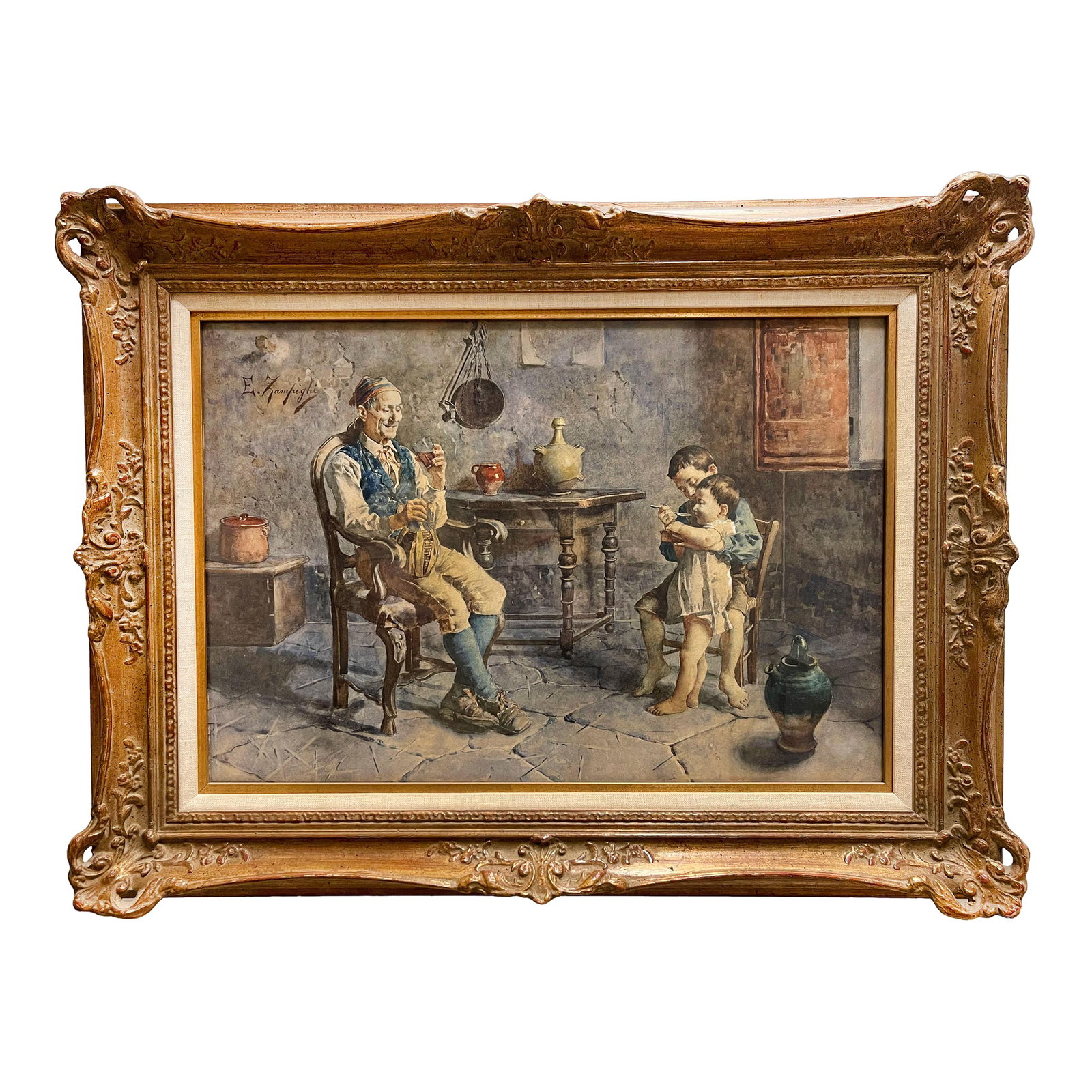 Eugenio Edouardo Zampighi (Italian, 1859-1944): A watercolor on paper signed on the upper left: E Zampighi by Eugenio Edouardo Zampighi (Italian, 1859-1944). The piece is entitled Ora di pranzo (Lunch Hour). Condition: Alterations: Original