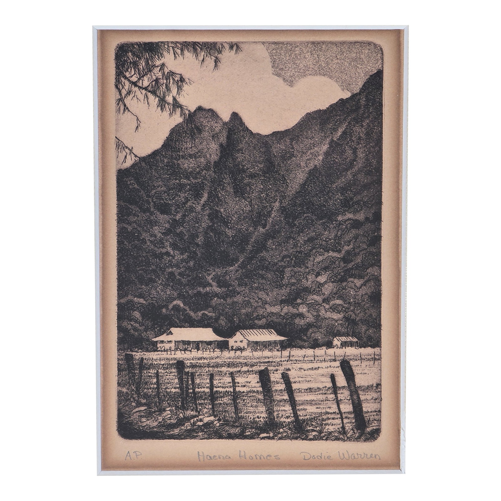Vintage Hawaiian Intaglio Engraving Print Dodie Warren Haena Homes Signed: Stunning vintage print by well known artist Dodie Warren. entitled Haena Homes and is an artist proof. image measures 6" by 4" overall 21 3/4" by 15 3/4" Dodie Warren (1929-2018) was a key figure in