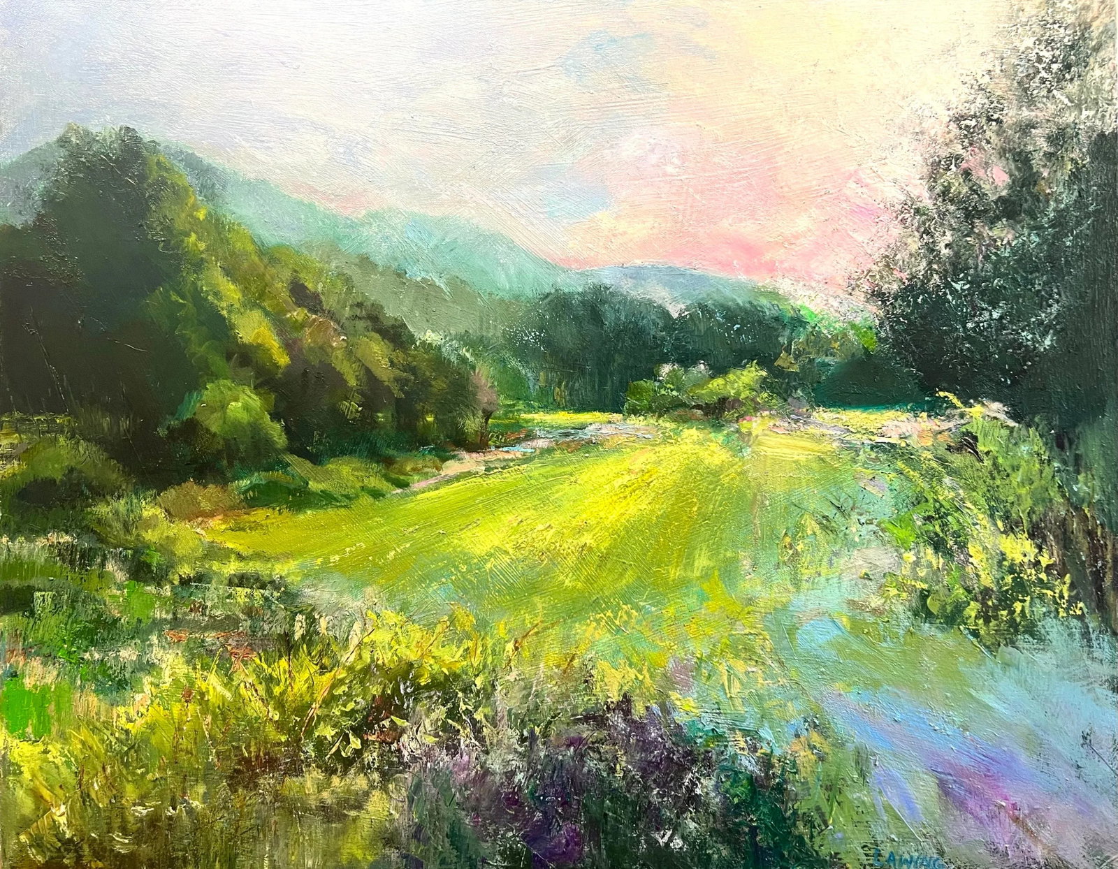 Mountain High, Valley Low Original Oil Painting by Julia Lawing: Beautiful summer mountain landscape. One-of-a-kind original oil painting on 24x30x1.5 inch gallery-wrapped professional canvas. Sides are painted neutral gray and the back is wired for hanging. If