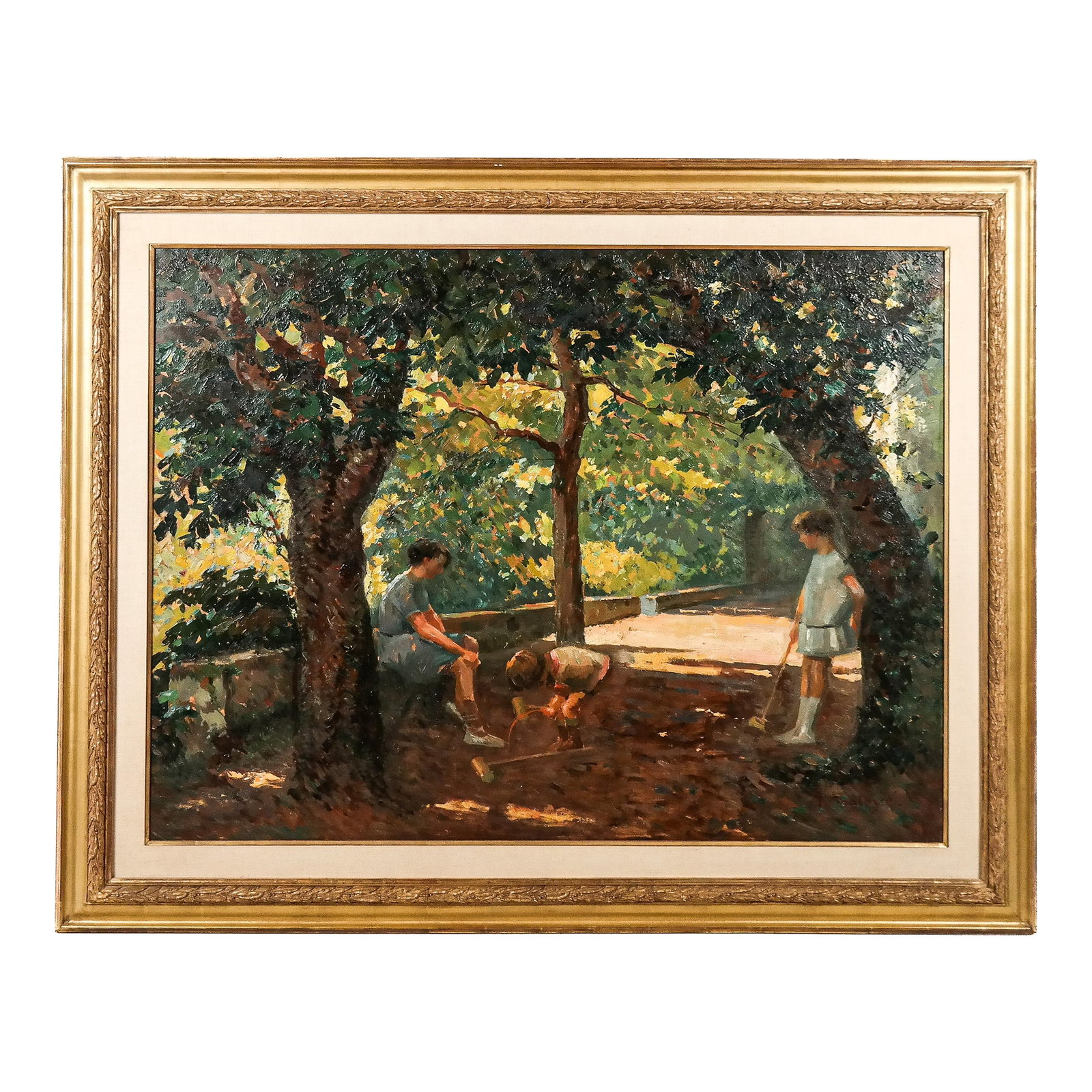 Jean Chaleye Oil on Board of Children at Croquet: Jean Chaleye, French, 1878-1960, framed oil on board painting depicting a group at croquet in a wooded scene, signed J. Chaleye to lower right. Condition: Alterations: Original Condition Unaltered