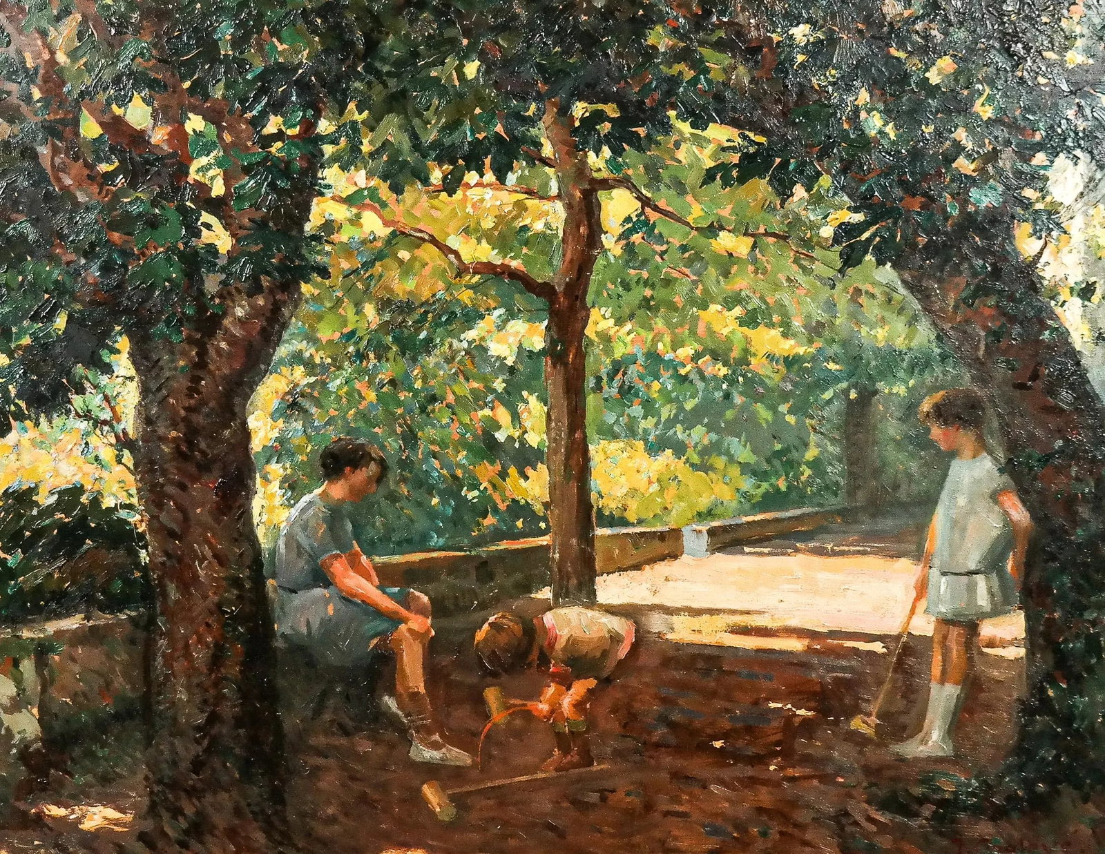 Jean Chaleye Oil on Board of Children at Croquet - 2