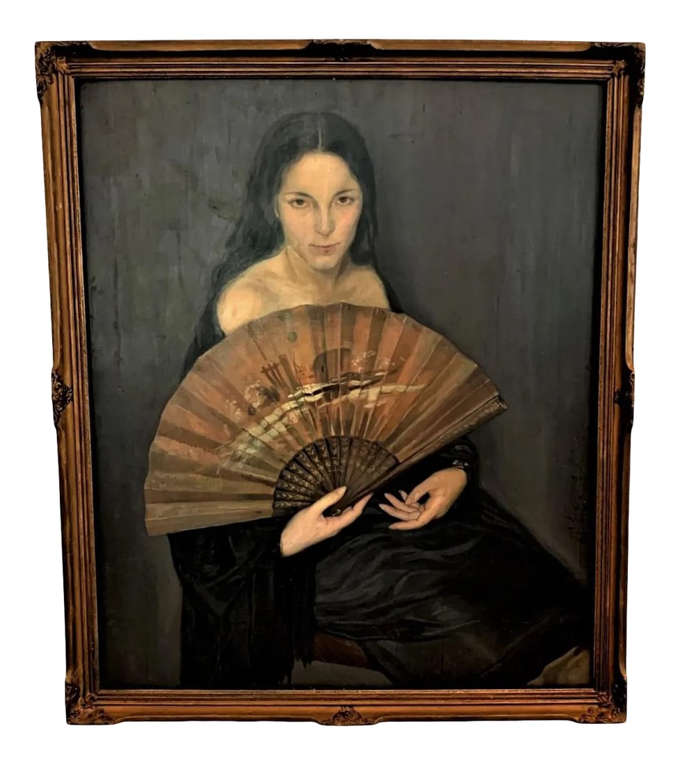Vintage Argentinian Lady With a Fan Painting Signed V. E. R., Framed: Vintage Painting on Board Argentinian Lady with A Fan Signed Victor Ernesto Rivera Condition: Alterations: Original Condition Unaltered Imperfections: Some Imperfections Condition Notes: Good wear