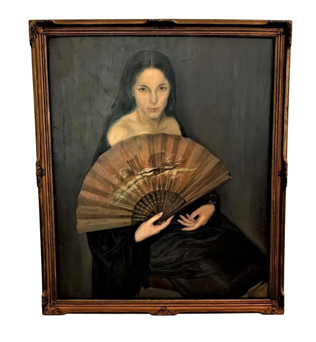 Vintage Argentinian Lady With a Fan Painting Signed V. E. R., Framed - 2