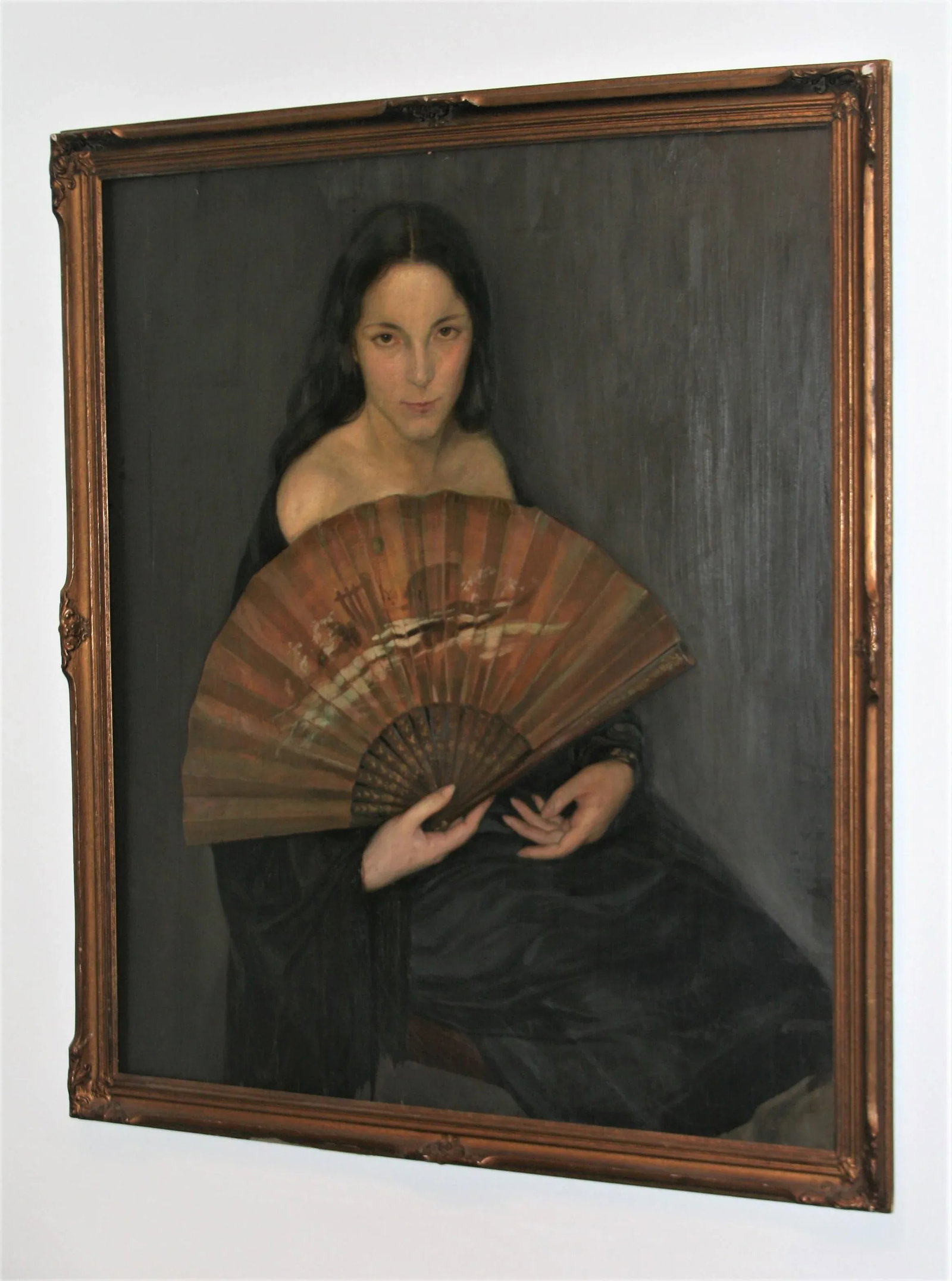 Vintage Argentinian Lady With a Fan Painting Signed V. E. R., Framed - 4