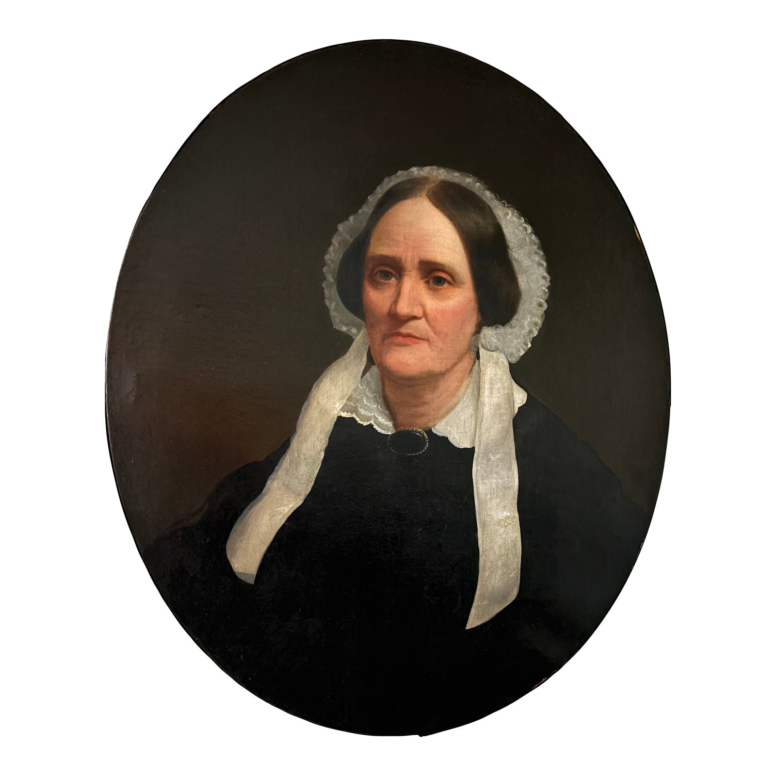 Original 19th Century American Oval Oil Portrait Painting: Antique mid-19th century American, large oval, oil on canvas Portrait of a Woman. This carefully executed painting reflects the realism of high quality portraiture of the period with very small