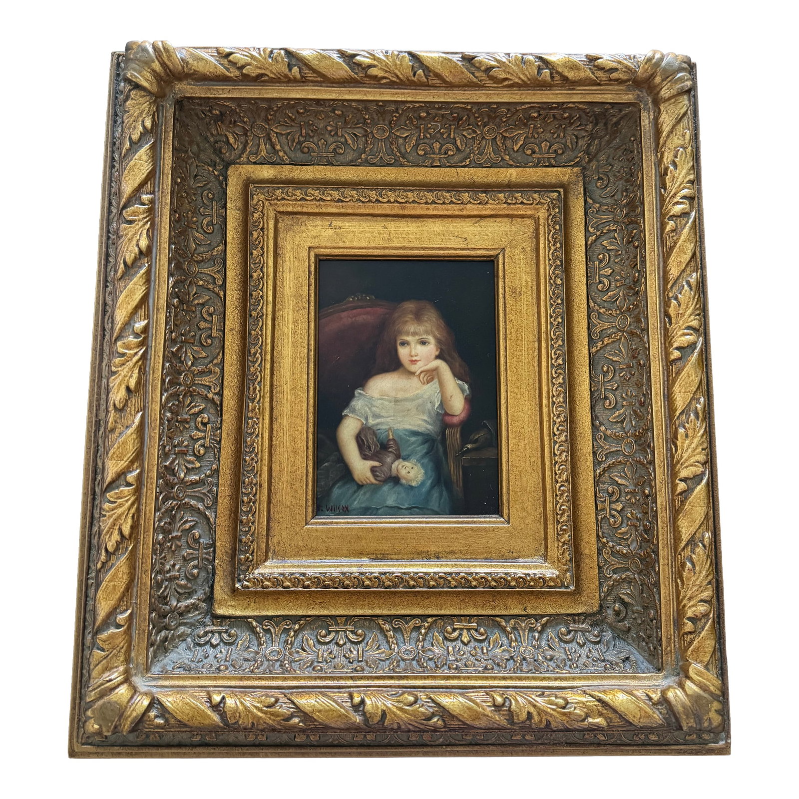 Late 19th Century Victorian-Style Portrait of a Young Girl With Doll by R. Wilson - Ornate Gilt Fram (1 of 8)