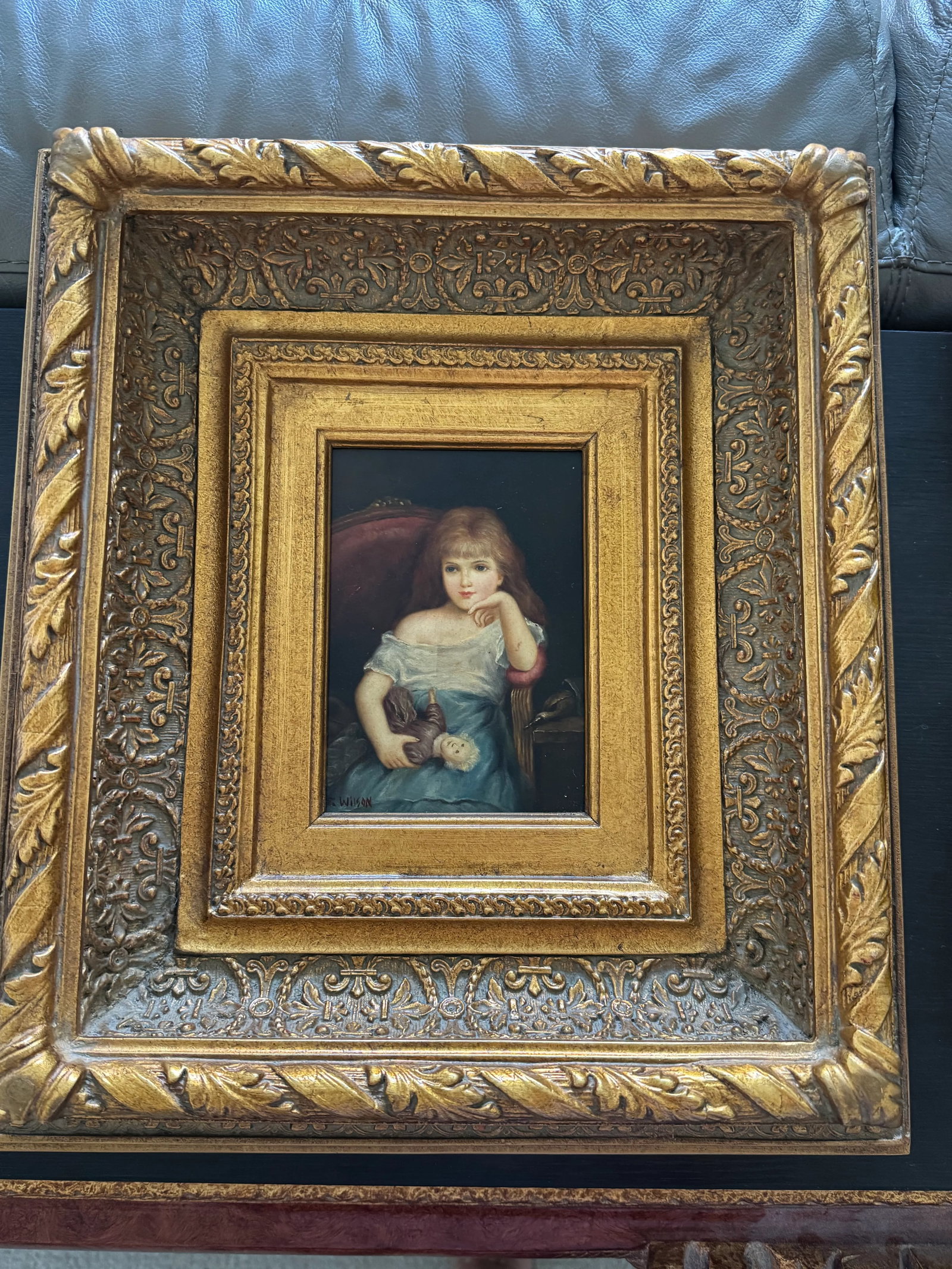 Late 19th Century Victorian-Style Portrait of a Young Girl With Doll by R. Wilson - Ornate Gilt Fram - 2