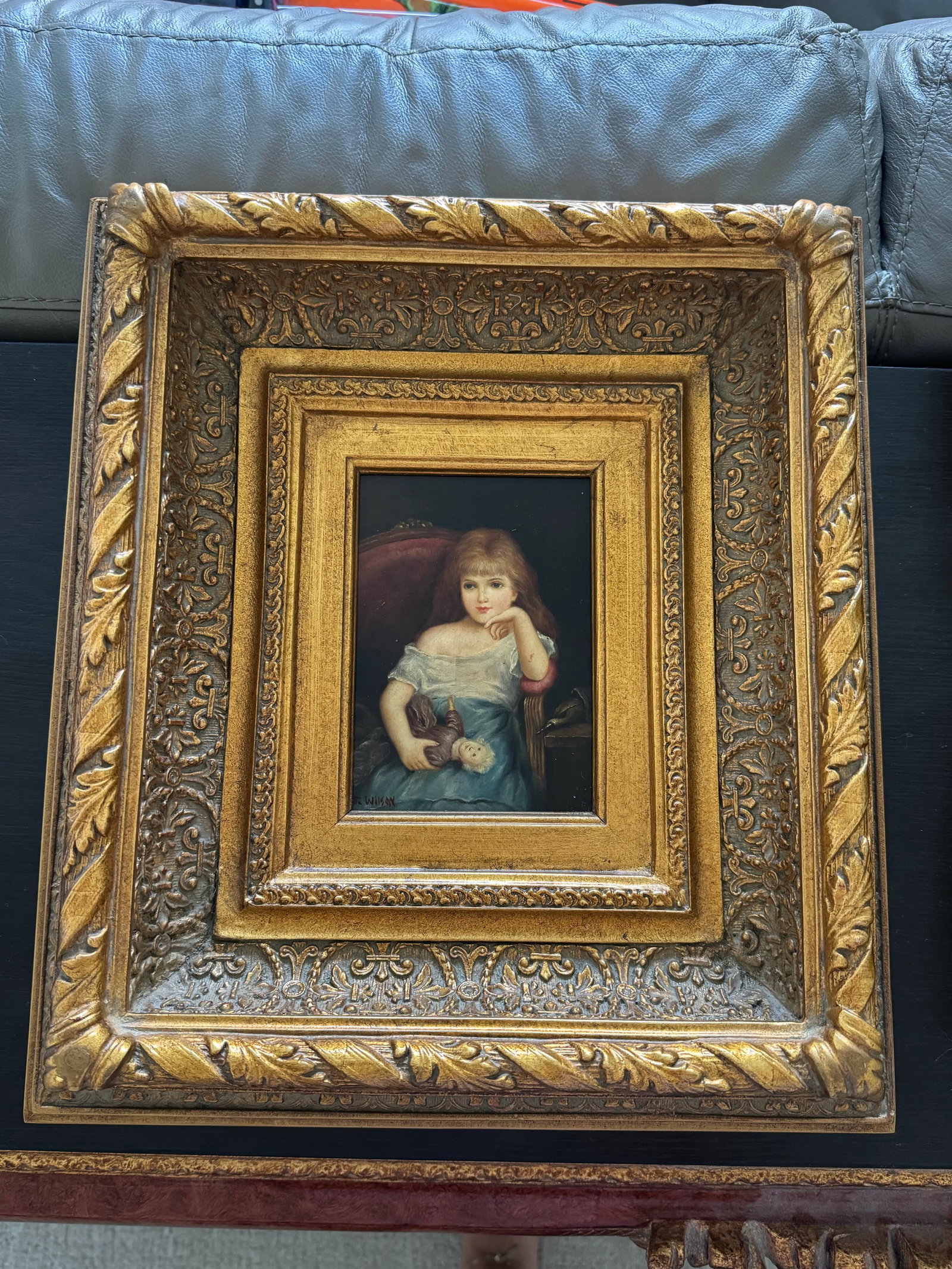 Late 19th Century Victorian-Style Portrait of a Young Girl With Doll by R. Wilson - Ornate Gilt Fram - 3